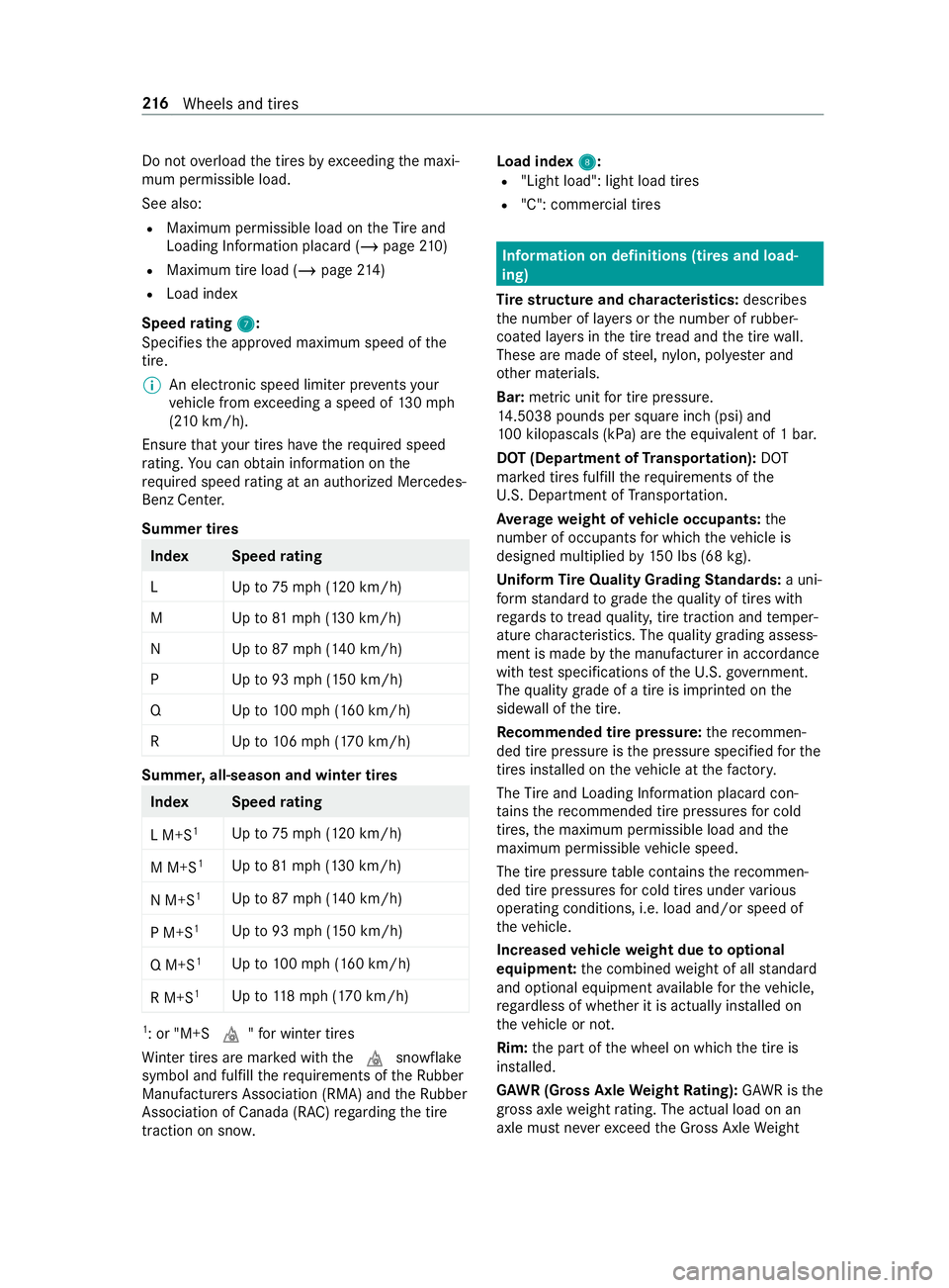 MERCEDES-BENZ SPRINTER 2019 MY19 with no MMS Operator’s Manual Do no
toverload thet ires by ex ceeding them axi‐
mum permissible load.
See also:
R Maximum permissible load on theT irea nd
Loading In form atio nplacar d(/pag e210)
R Maximum tir eloa d( /pag e214 MERCEDES-BENZ SPRINTER 2019 MY19 with no MMS Operator’s Manual Do no
toverload thet ires by ex ceeding them axi‐
mum permissible load.
See also:
R Maximum permissible load on theT irea nd
Loading In form atio nplacar d(/pag e210)
R Maximum tir eloa d( /pag e214