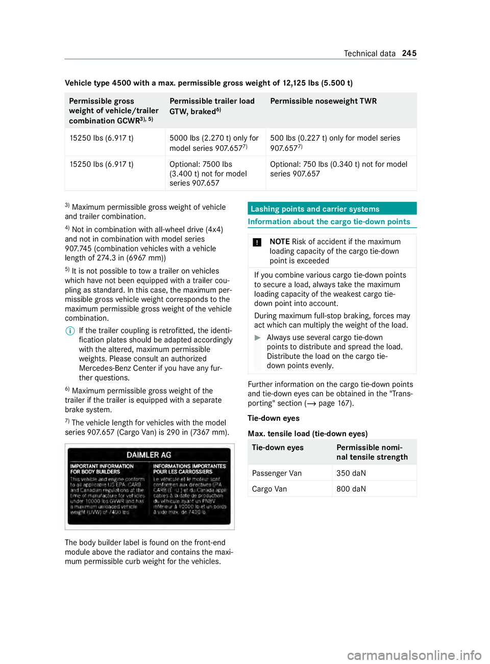 MERCEDES-BENZ SPRINTER 2019 MY19 with no MMS Operator’s Manual Ve
hicl etype 4500 with amax. permissible gross weight of 12,125 lbs (5.500 t) Pe
rm issible gross
we ight of vehicle/trailer
combination GCWR 3), 5)Pe
rm issible trailer load
GT W, braked 6) Pe
rm is MERCEDES-BENZ SPRINTER 2019 MY19 with no MMS Operator’s Manual Ve
hicl etype 4500 with amax. permissible gross weight of 12,125 lbs (5.500 t) Pe
rm issible gross
we ight of vehicle/trailer
combination GCWR 3), 5)Pe
rm issible trailer load
GT W, braked 6) Pe
rm is