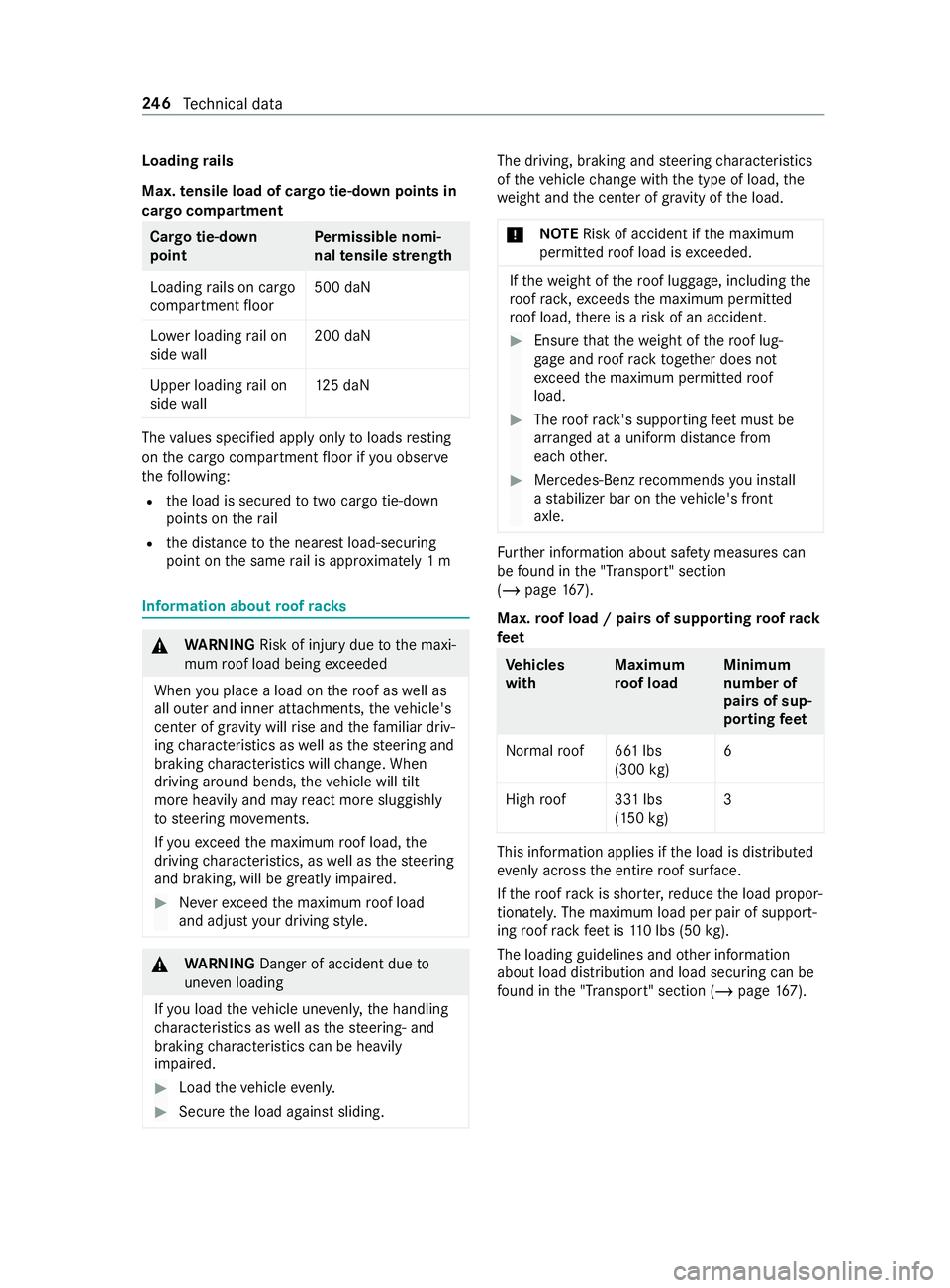 MERCEDES-BENZ SPRINTER 2019 MY19 with no MMS Operator’s Manual Loading
rails
Max. tensile load of cargo tie-down points in
cargo compartment Cargo tie-down
point
Pe
rm issible nomi‐
nal tensile stre ngth
Loading rails on cargo
compartment floor 500 daN
Lo we rl MERCEDES-BENZ SPRINTER 2019 MY19 with no MMS Operator’s Manual Loading
rails
Max. tensile load of cargo tie-down points in
cargo compartment Cargo tie-down
point
Pe
rm issible nomi‐
nal tensile stre ngth
Loading rails on cargo
compartment floor 500 daN
Lo we rl