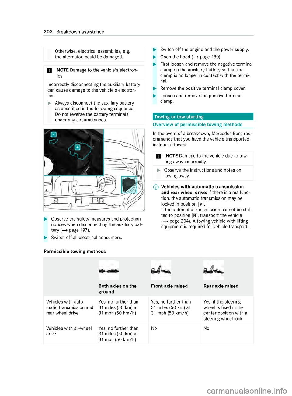 MERCEDES-BENZ SPRINTER 2019  MY19 with Base Radio Operator’s Manual Otherwise, electrical assemblies, e.g.
th
ea lternator ,could be damaged. *
NO
TEDama getothev ehicle's electron‐
ics Incor
rectly disconnecting thea uxiliar ybattery
can cause damag etothevehic