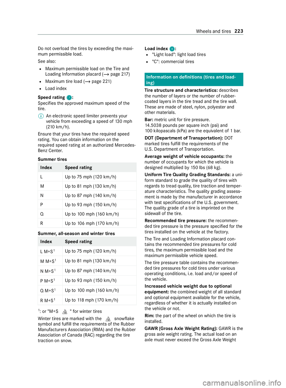 MERCEDES-BENZ SPRINTER 2019 MY19 with Base Radio Operator’s Manual Do no
toverload thet ires by ex ceeding them axi‐
mum permissible load.
See also:
R Maximum permissible load on theT irea nd
Loading In form atio nplacar d(/pag e217 )
R Maximum tir eloa d( /pag e22 MERCEDES-BENZ SPRINTER 2019 MY19 with Base Radio Operator’s Manual Do no
toverload thet ires by ex ceeding them axi‐
mum permissible load.
See also:
R Maximum permissible load on theT irea nd
Loading In form atio nplacar d(/pag e217 )
R Maximum tir eloa d( /pag e22