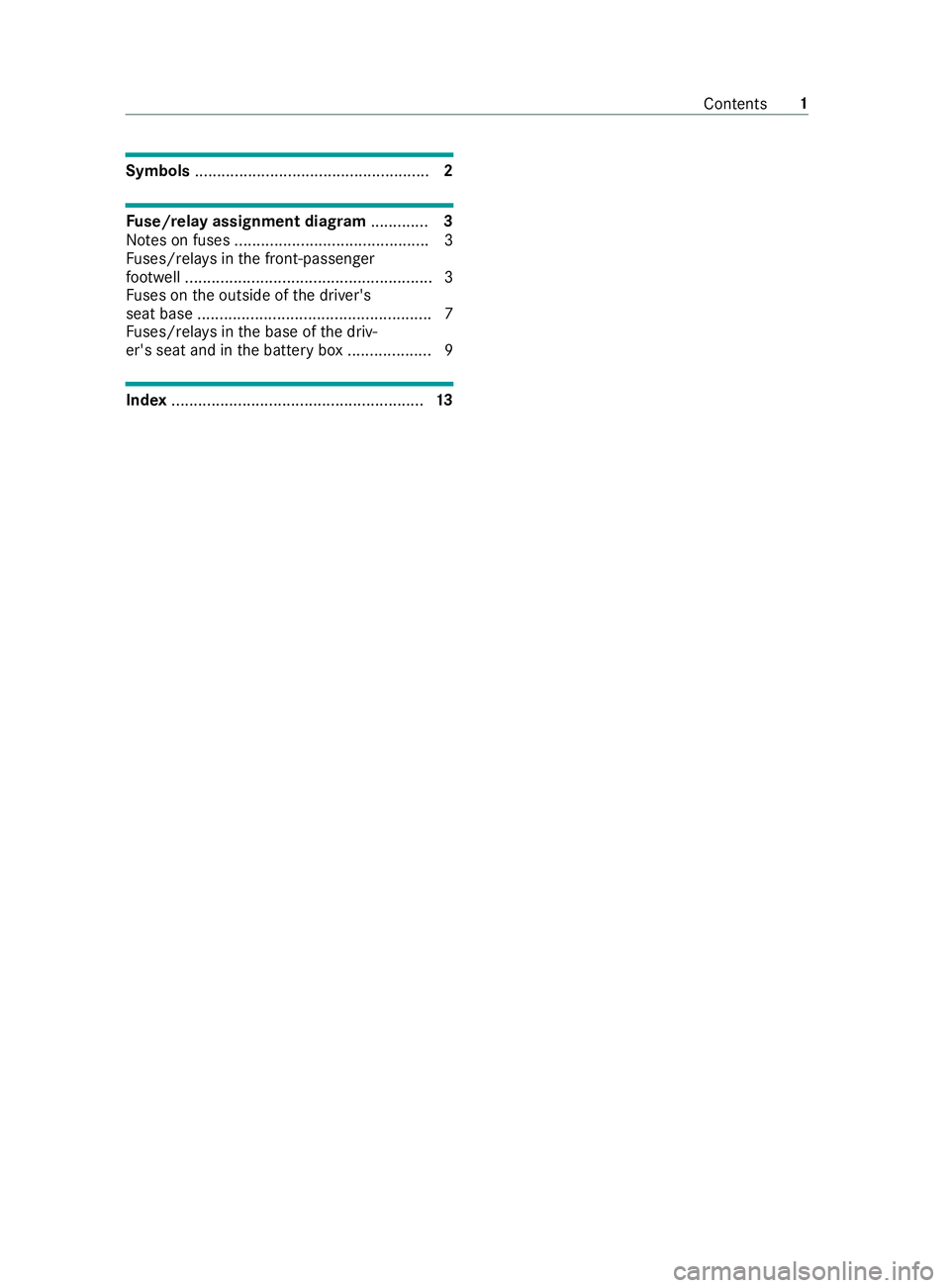 MERCEDES-BENZ SPRINTER 2019  MY19 Fuse Allocation Supplement Symbols
..................................................... 2Fu
se/relay assignment diag ram ............. 3
No tes on fuses ............................................ 3
Fu ses/rela ysinthe front-