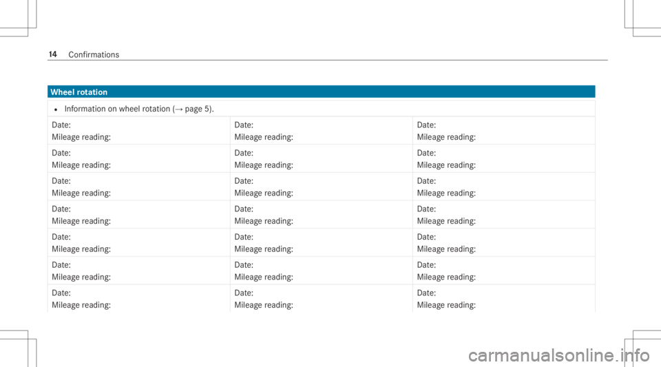 MERCEDES-BENZ SPRINTER 2019  MY19 Service Information Wheel
rotat ion
R Info rm atio non wheel rotatio n(→ page 5). Dat
e:
Mil eag ere adin g: Dat
e:
Mileag ere adin g: Dat
e:
Mileag ere adin g:
Dat e:
Mileag ere adin g: Dat
e:
Mileag ere adin g: Dat
e