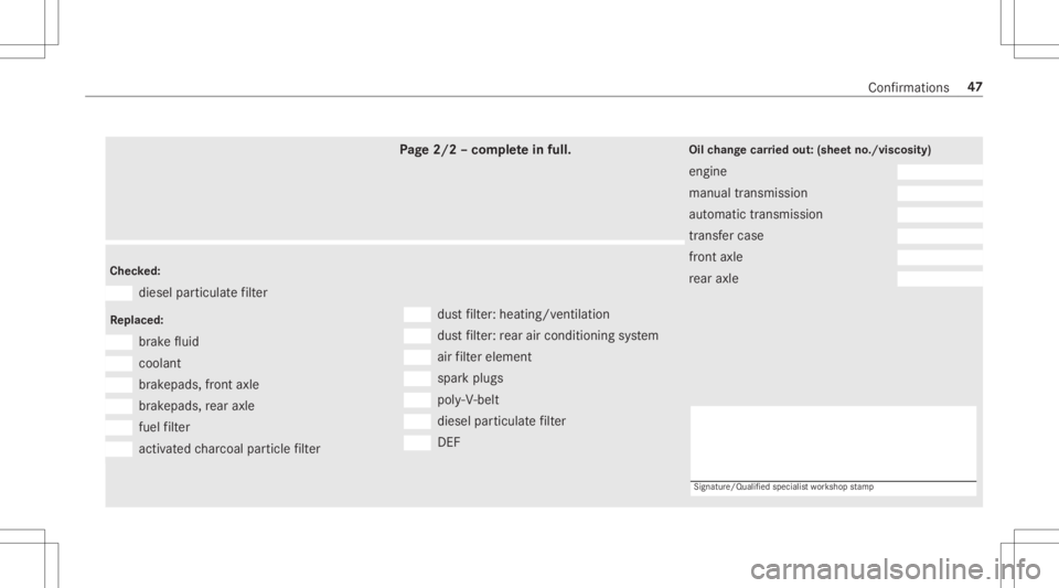 MERCEDES-BENZ SPRINTER 2019  MY19 Service Information Pa
ge 2/2 –com pleteinfull. Chec
ked: die
sel particulat efilt er
Re plac ed: br
ak efluid co
olan t br
ak epads ,fr on taxle br
ak epads ,re ar axle fuel
filt er act
ivat ed charcoal particlefilt e