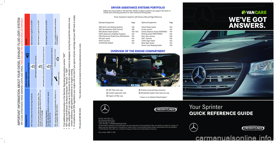 MERCEDES-BENZ SPRINTER 2019  MY19 Quick Reference Guide Daimler Vans USA, LLC
One Mercedes-Benz Drive
Sandy Springs, GA 30328
1-877-762-8267 | SPRINTERVANSUSA.COM
All information contained in this publication has been approved as of the publication date, b