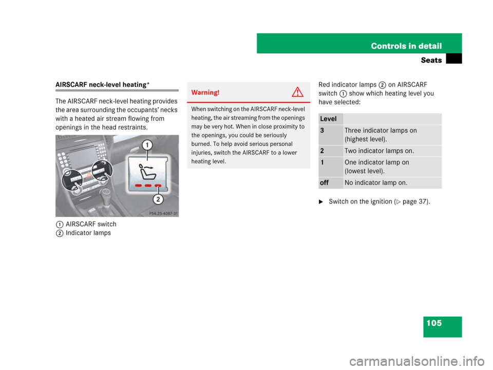 MERCEDES-BENZ SLK55AMG 2007 R171 Owners Manual 105 Controls in detail
Seats
AIRSCARF neck-level heating*
The AIRSCARF neck-level heating provides 
the area surrounding the occupants’ necks 
with a heated air stream flowing from 
openings in the 