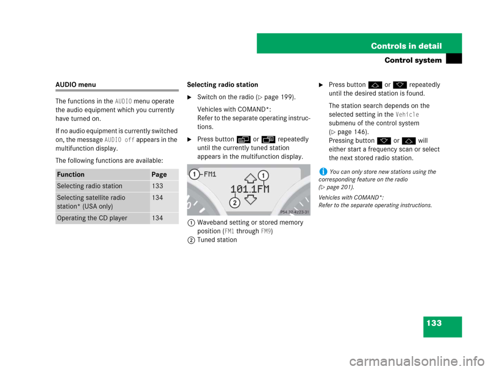 MERCEDES-BENZ SLK55AMG 2007 R171 Owners Manual 133 Controls in detail
Control system
AUDIO menu
The functions in the 
AUDIO menu operate 
the audio equipment which you currently 
have turned on. 
If no audio equipment is currently switched 
on, th