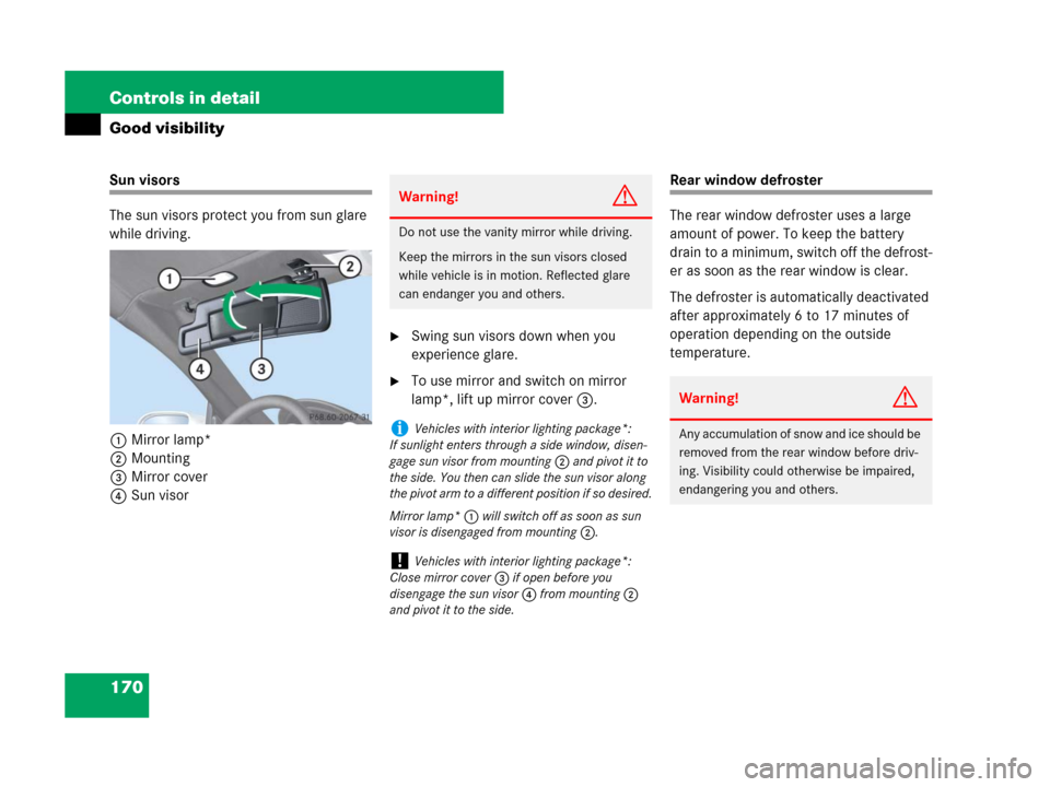 MERCEDES-BENZ SLK350 2007 R171 Owners Manual 170 Controls in detail
Good visibility
Sun visors
The sun visors protect you from sun glare 
while driving.
1Mirror lamp*
2Mounting
3Mirror cover
4Sun visor
Swing sun visors down when you 
experience