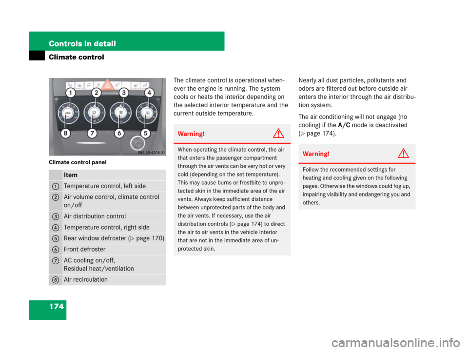 MERCEDES-BENZ SLK55AMG 2007 R171 Owners Manual 174 Controls in detail
Climate control
Climate control panel
The climate control is operational when-
ever the engine is running. The system 
cools or heats the interior depending on 
the selected int