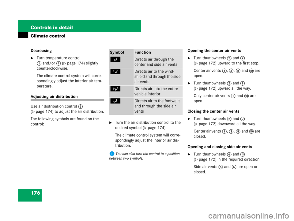 MERCEDES-BENZ SLK350 2007 R171 Owners Manual 176 Controls in detail
Climate control
Decreasing
Turn temperature control 
1and/or4 (
page 174) slightly 
counterclockwise.
The climate control system will corre-
spondingly adjust the interior air