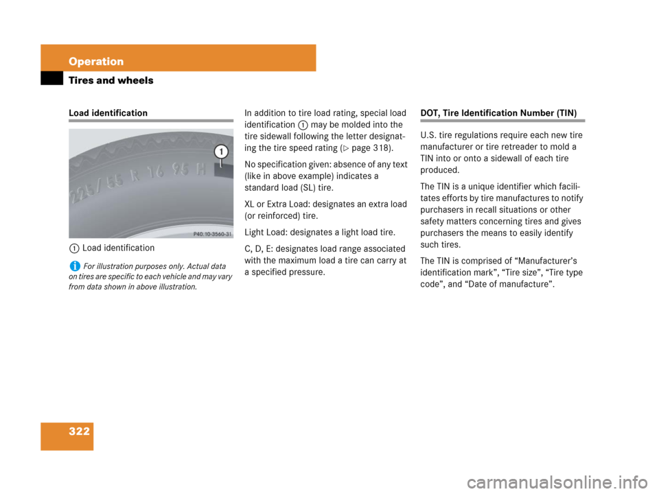 MERCEDES-BENZ SLK350 2007 R171 Owners Manual 322 Operation
Tires and wheels
Load identification
1Load identificationIn addition to tire load rating, special load 
identification 1 may be molded into the 
tire sidewall following the letter design