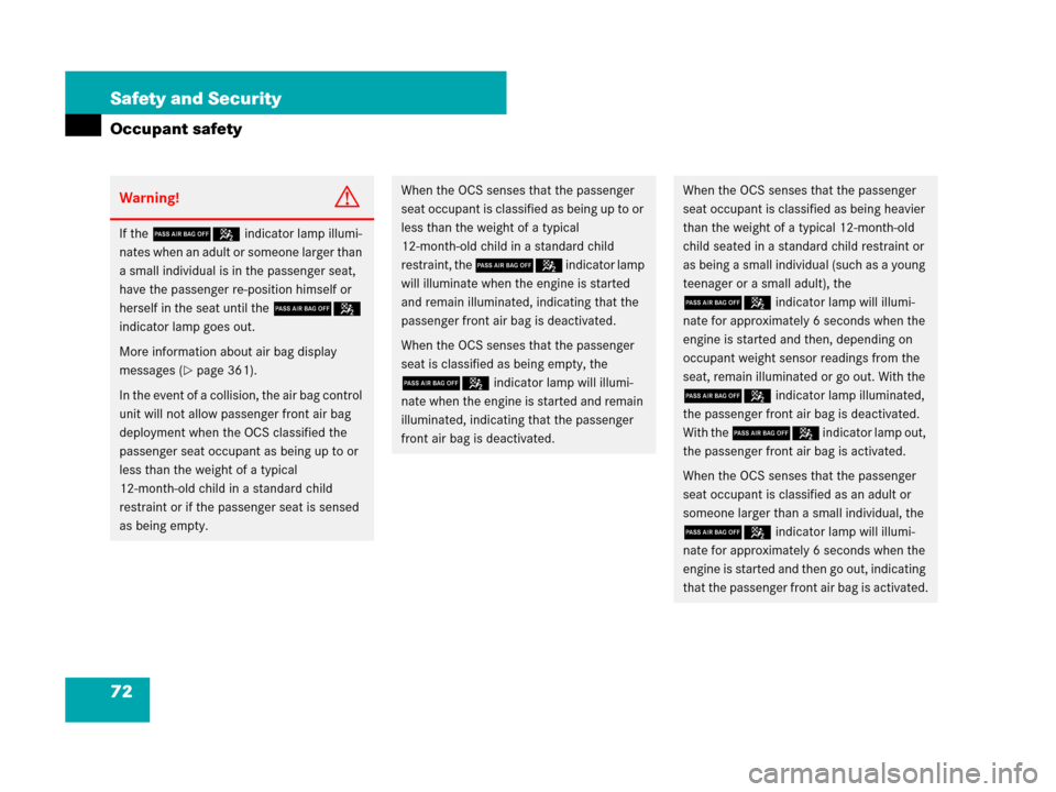 MERCEDES-BENZ SLK55AMG 2007 R171 Owners Manual 72 Safety and Security
Occupant safety
Warning!G
If the 75 indicator lamp illumi-
nates when an adult or someone larger than 
a small individual is in the passenger seat, 
have the passenger re-positi