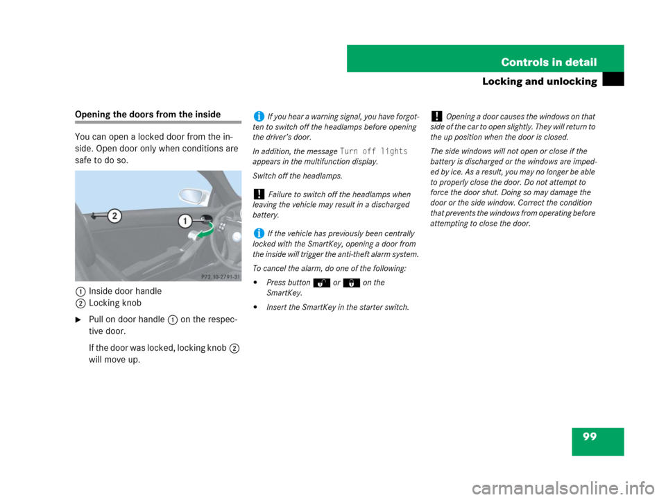 MERCEDES-BENZ SLK280 2007 R171 Owners Manual 99 Controls in detail
Locking and unlocking
Opening the doors from the inside
You can open a locked door from the in-
side. Open door only when conditions are 
safe to do so.
1Inside door handle
2Lock