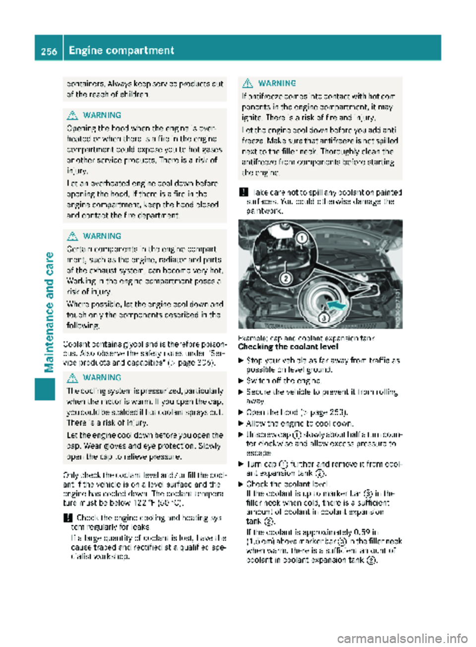 MERCEDES-BENZ METRIS 2018  MY18 Operator’s Manual containers. Always keep service products outof the reach of children.
GWARNING
Opening the hood when the engine is over-
heated or when there is a fire in the engine
compartment could expose you to ho