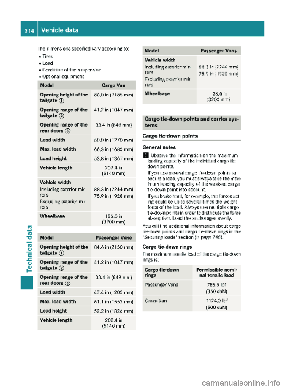 MERCEDES-BENZ METRIS 2018 MY18 Operator’s Manual The dimensions specified vary according to:
RTires
RLoad
RCondition of the suspension
ROptional equipment
ModelCargo Van
Opening height of the
tailgate:86.0 in (2185 mm)
Opening range of the
tailgate; MERCEDES-BENZ METRIS 2018 MY18 Operator’s Manual The dimensions specified vary according to:
RTires
RLoad
RCondition of the suspension
ROptional equipment
ModelCargo Van
Opening height of the
tailgate:86.0 in (2185 mm)
Opening range of the
tailgate;