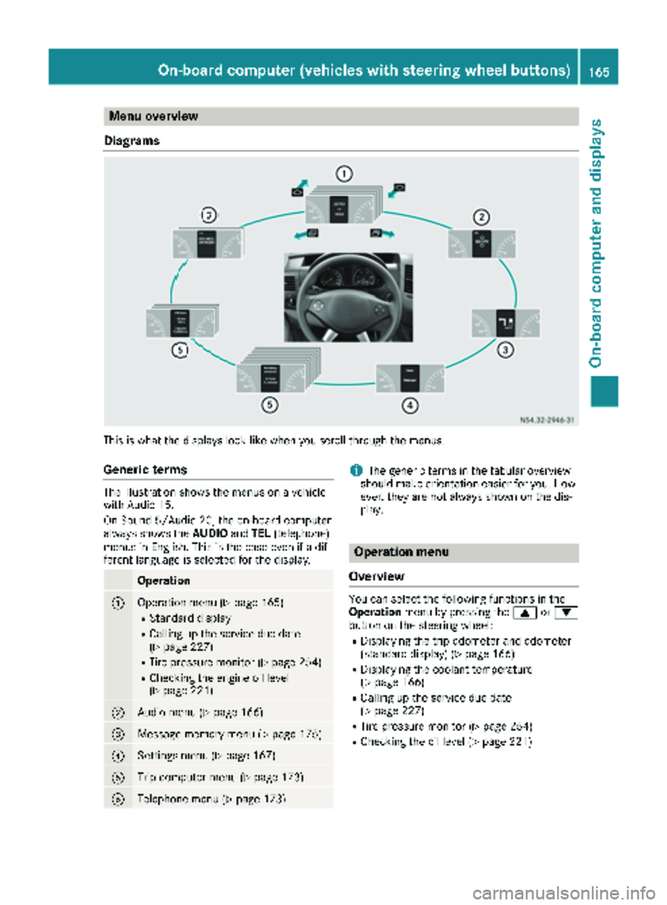 MERCEDES-BENZ SPRINTER 2018 MY18 Operator’s Manual Menu overview
Diagrams
This is what the displays look like when you scroll through the menus.
Generic terms
The illustration shows the menus on a vehicle
with Audio 15.
On Sound 5/Audio 20, the on-boa MERCEDES-BENZ SPRINTER 2018 MY18 Operator’s Manual Menu overview
Diagrams
This is what the displays look like when you scroll through the menus.
Generic terms
The illustration shows the menus on a vehicle
with Audio 15.
On Sound 5/Audio 20, the on-boa