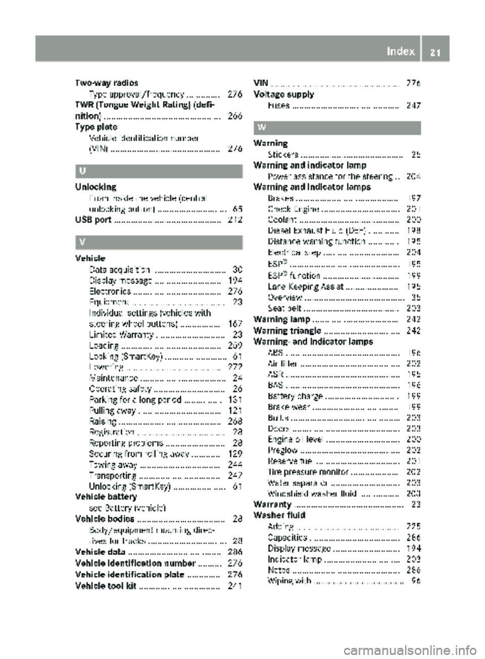 MERCEDES-BENZ SPRINTER 2018 MY18 Operator’s Manual Two-way radiosType approval/frequency .............. 276
TWR (Tongue Weight Rating) (defi-
nition) ................................................. 266
Type plate
Vehicle identification number
(VIN) MERCEDES-BENZ SPRINTER 2018 MY18 Operator’s Manual Two-way radiosType approval/frequency .............. 276
TWR (Tongue Weight Rating) (defi-
nition) ................................................. 266
Type plate
Vehicle identification number
(VIN)