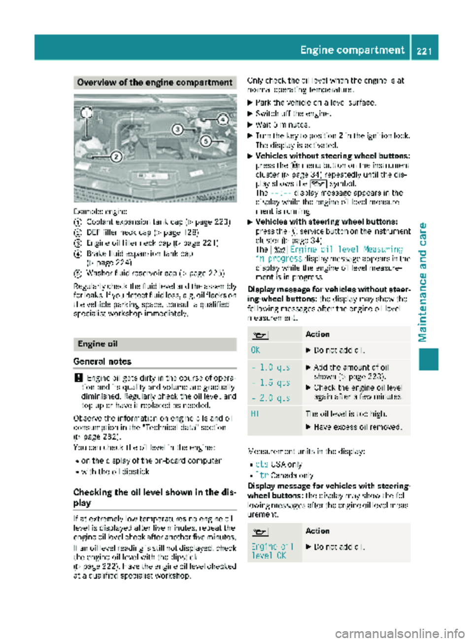 MERCEDES-BENZ SPRINTER 2018 MY18 Operator’s Manual Overview of the engine compartment
Example: engine
:
Coolant expansion tank cap (Ypage 223)
;DEF filler neck cap (Ypage 128)
=Engine oil filler neck cap (Ypage 221)
?Brake fluid expansion tank cap
(Yp MERCEDES-BENZ SPRINTER 2018 MY18 Operator’s Manual Overview of the engine compartment
Example: engine
:
Coolant expansion tank cap (Ypage 223)
;DEF filler neck cap (Ypage 128)
=Engine oil filler neck cap (Ypage 221)
?Brake fluid expansion tank cap
(Yp