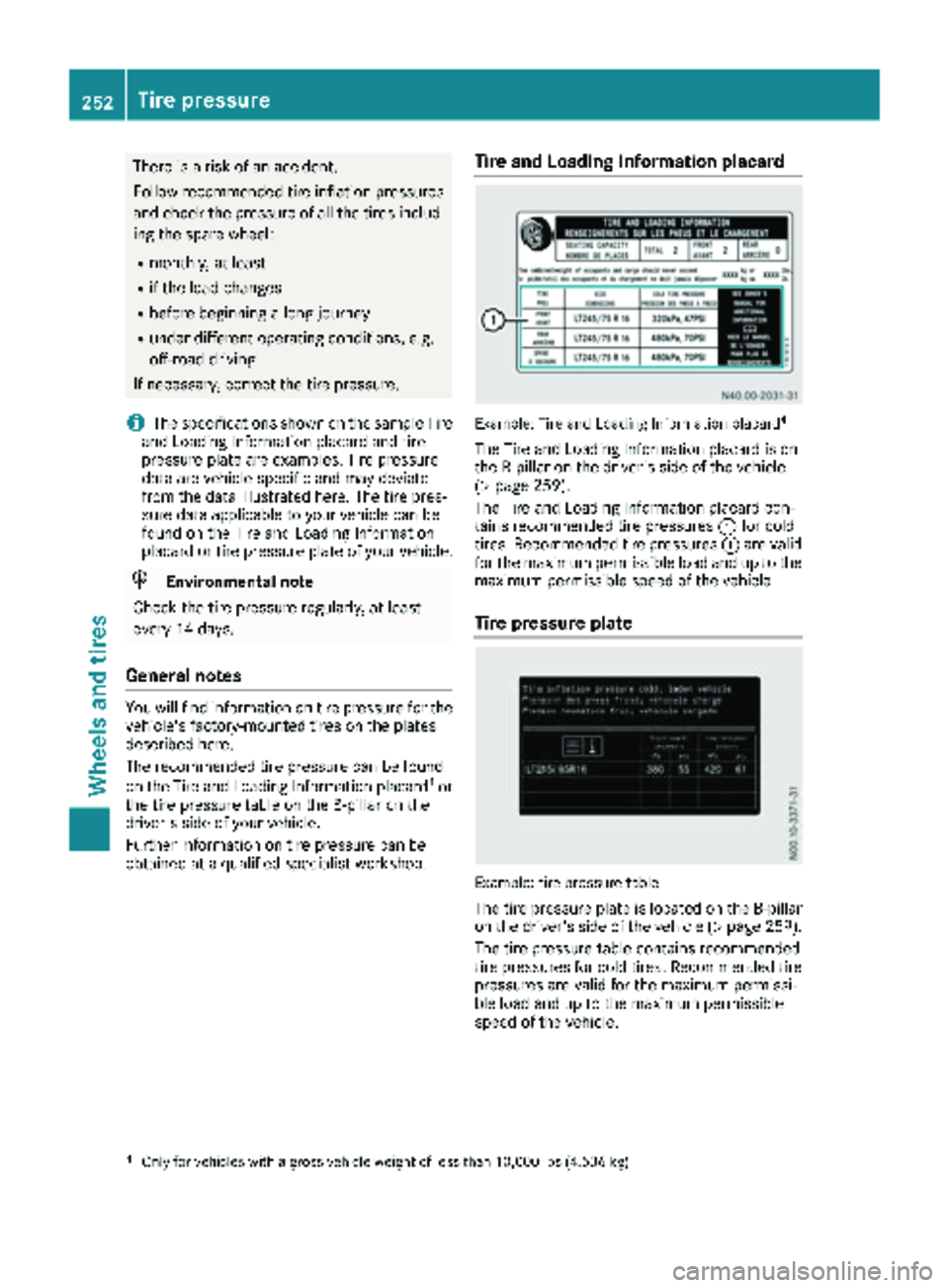 MERCEDES-BENZ SPRINTER 2018 MY18 Operator’s Manual There is a risk of an accident.
Follow recommended tire inflation pressures
and check the pressure of all the tires includ-
ing the spare wheel:
Rmonthly, at least
Rif the load changes
Rbefore beginni MERCEDES-BENZ SPRINTER 2018 MY18 Operator’s Manual There is a risk of an accident.
Follow recommended tire inflation pressures
and check the pressure of all the tires includ-
ing the spare wheel:
Rmonthly, at least
Rif the load changes
Rbefore beginni
