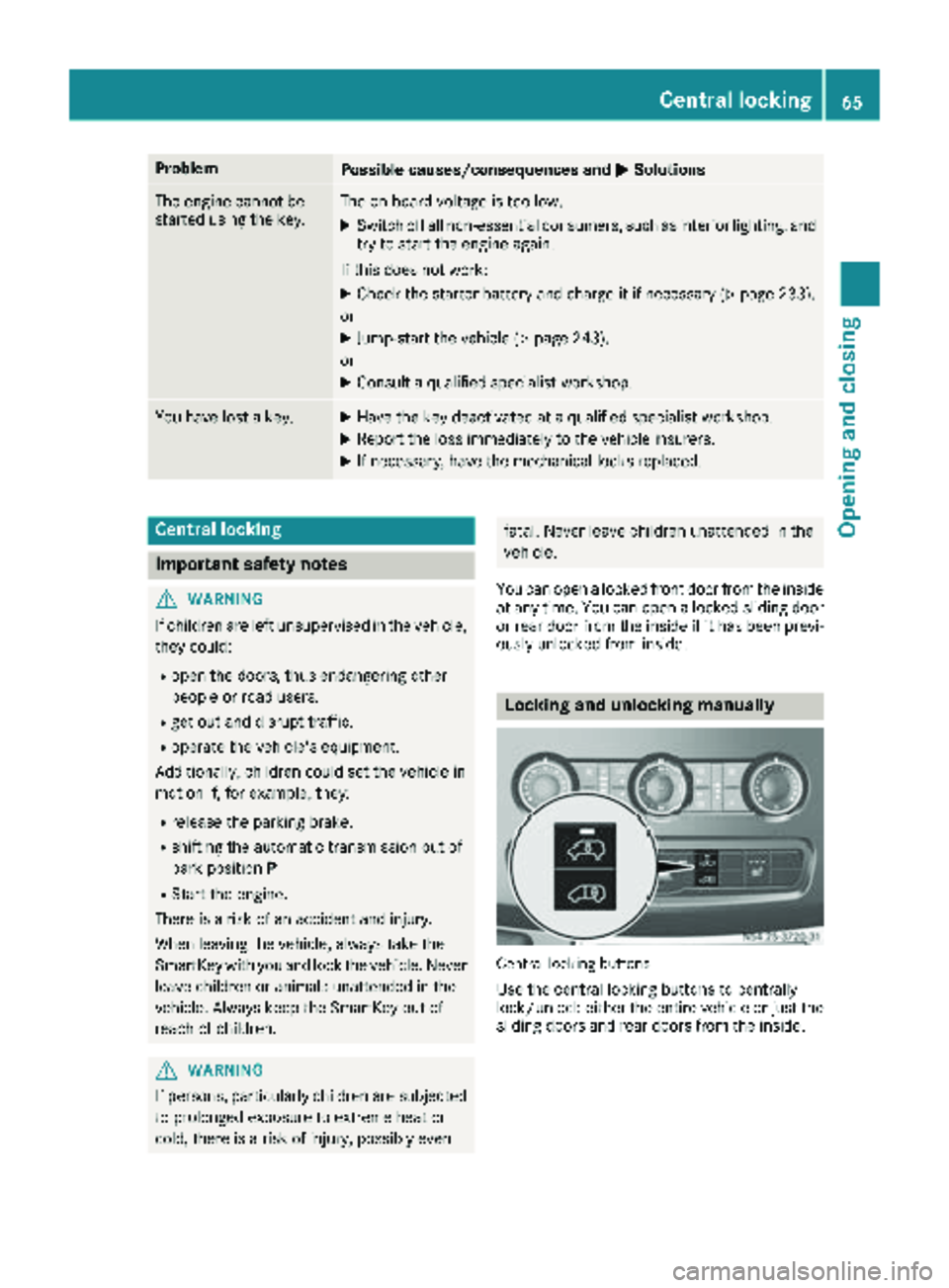 MERCEDES-BENZ SPRINTER 2018 MY18 Operator’s Manual ProblemPossible causes/consequences andMSolutions
The engine cannot be
started using the key.The on-board voltage is too low.
XSwitch off all non-essential consumers, such as interior lighting, and
tr MERCEDES-BENZ SPRINTER 2018 MY18 Operator’s Manual ProblemPossible causes/consequences andMSolutions
The engine cannot be
started using the key.The on-board voltage is too low.
XSwitch off all non-essential consumers, such as interior lighting, and
tr