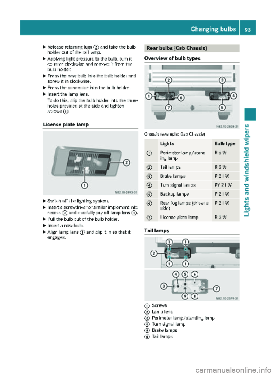 MERCEDES-BENZ SPRINTER 2018  MY18 Operator’s Manual XReleaseretaining lugs ;and tak eth ebulb
holder out of th etai llamp .
XApplyin gligh tpressur eto th ebulb, tur nit
counter-clockwise and remove it from th e
bulb holder.
XPress th ene wbulb int oth