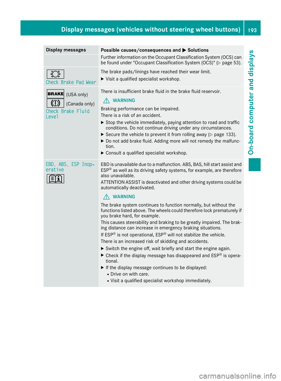 MERCEDES-BENZ METRIS 2017  MY17 Operator’s Manual Display messagesPossible causes/consequences andMSolutions
Further information on theOccupant Classification Syste m(OCS )can
be found under "Occupant Classification Syste m(OCS)" (Ypage 53).
