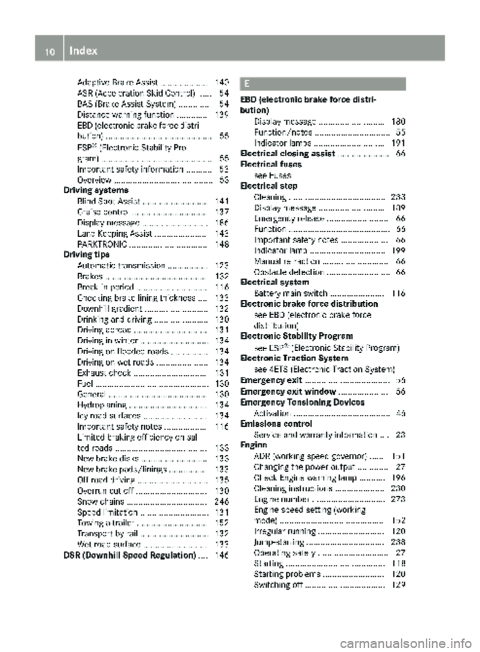 MERCEDES-BENZ SPRINTER 2017 MY17 Operator’s Manual Adaptive Brake Assist .................... 140
ASR (Acceleration Skid Control) ...... 54
BAS (Brake Assist System) .............. 54
Distance warning function ............. 139
EBD (electronic brake f MERCEDES-BENZ SPRINTER 2017 MY17 Operator’s Manual Adaptive Brake Assist .................... 140
ASR (Acceleration Skid Control) ...... 54
BAS (Brake Assist System) .............. 54
Distance warning function ............. 139
EBD (electronic brake f