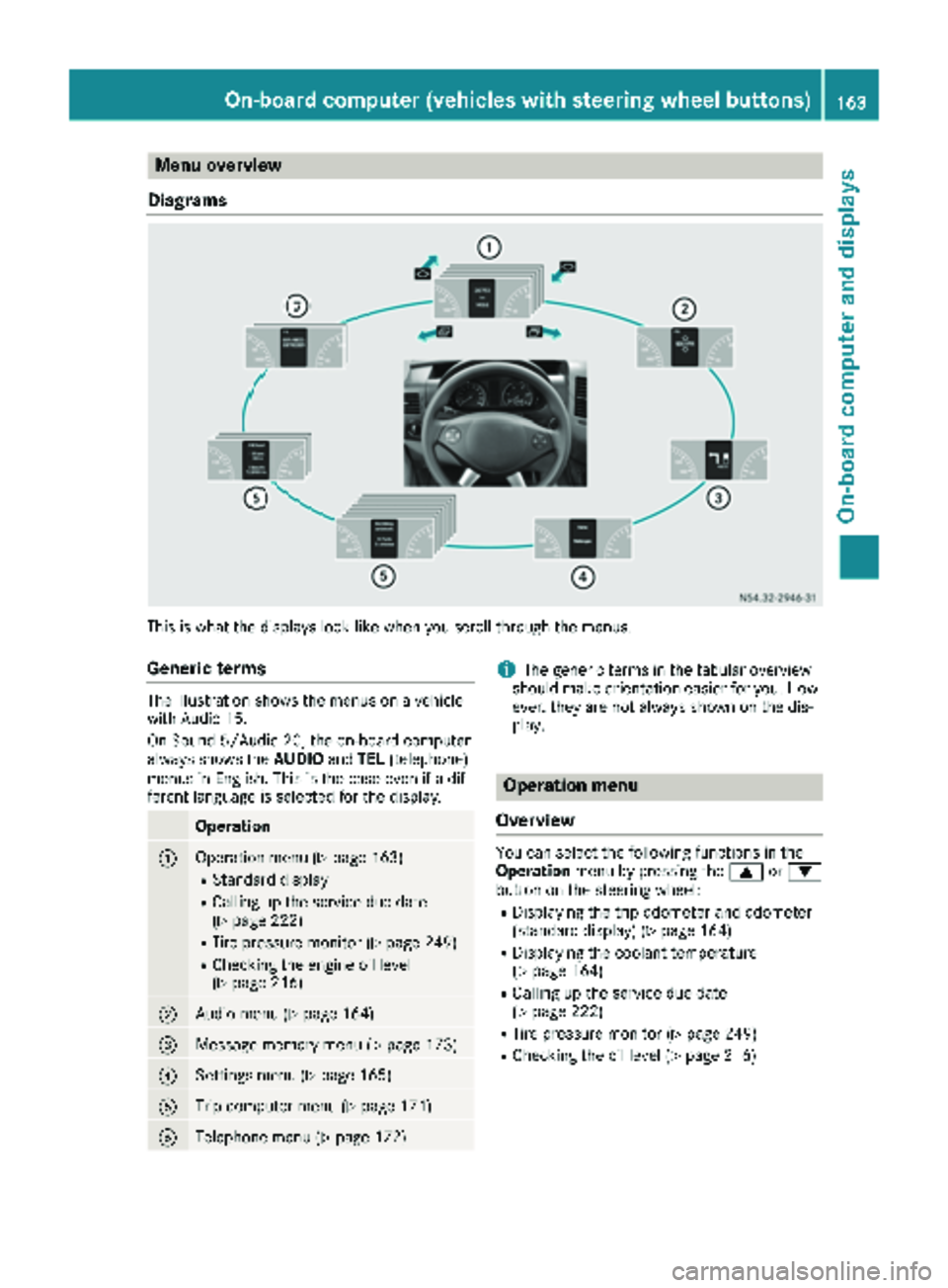 MERCEDES-BENZ SPRINTER 2017 MY17 Operator’s Manual Menu overview
Diagrams
This is what the displays look like when you scroll through the menus.
Generic terms
The illustration shows the menus on a vehicle
with Audio 15.
On Sound 5/Audio 20, the on-boa MERCEDES-BENZ SPRINTER 2017 MY17 Operator’s Manual Menu overview
Diagrams
This is what the displays look like when you scroll through the menus.
Generic terms
The illustration shows the menus on a vehicle
with Audio 15.
On Sound 5/Audio 20, the on-boa