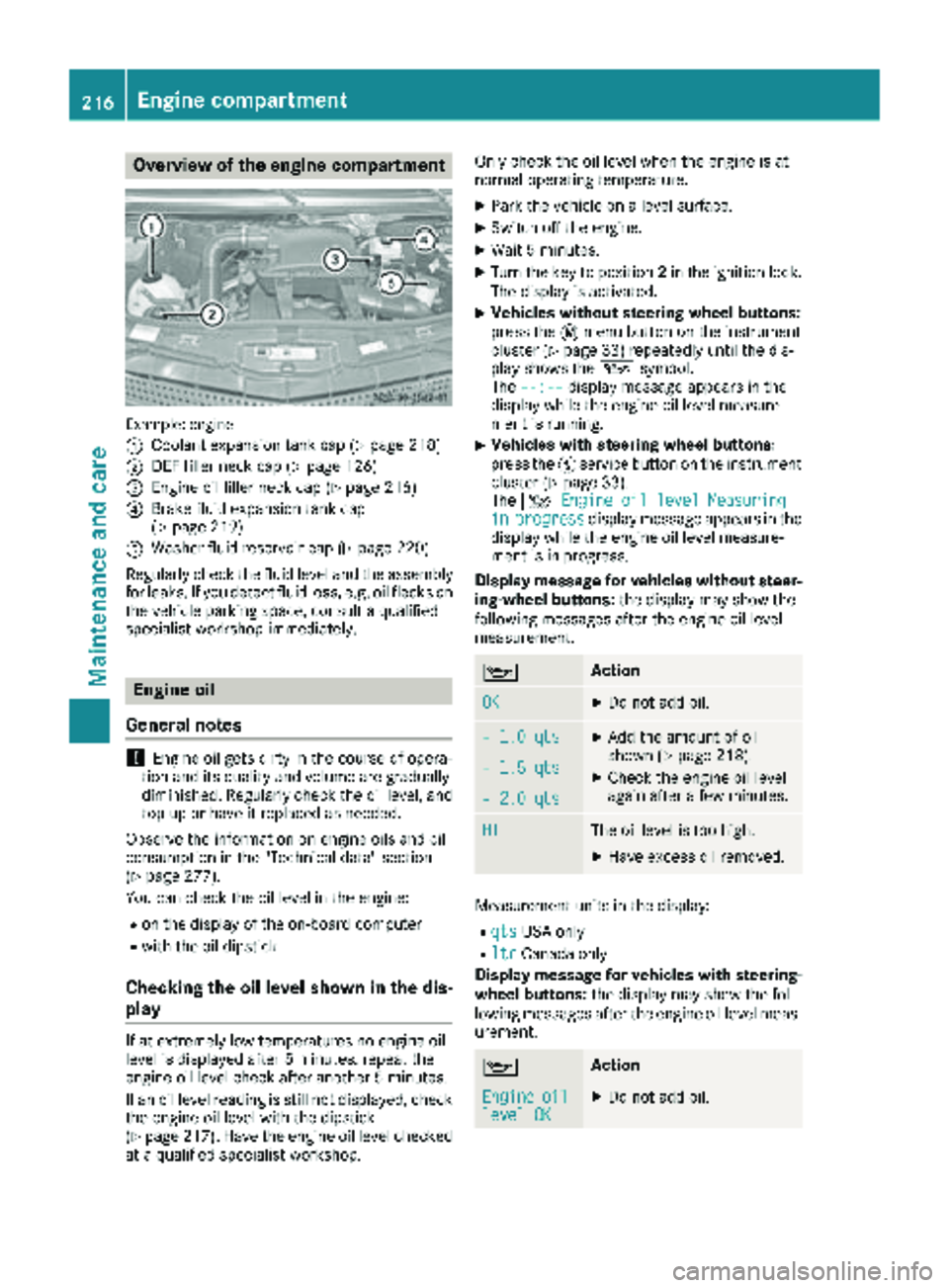 MERCEDES-BENZ SPRINTER 2017 MY17 Operator’s Manual Overview of the engine compartment
Example: engine
:
Coolant expansion tank cap (Ypage 218)
;DEF filler neck cap (Ypage 126)
=Engine oil filler neck cap (Ypage 216)
?Brake fluid expansion tank cap
(Yp MERCEDES-BENZ SPRINTER 2017 MY17 Operator’s Manual Overview of the engine compartment
Example: engine
:
Coolant expansion tank cap (Ypage 218)
;DEF filler neck cap (Ypage 126)
=Engine oil filler neck cap (Ypage 216)
?Brake fluid expansion tank cap
(Yp
