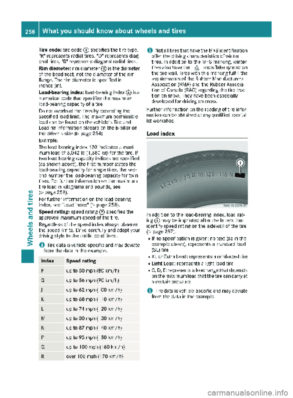 MERCEDES-BENZ SPRINTER 2017  MY17 Operator’s Manual Tire code:tire code?specifies the tire type.
"R" represents radial tires. "D" represents diag-
onal tires, "B" represents diagonal radial tires.
Rim diameter: rim diameterAis t