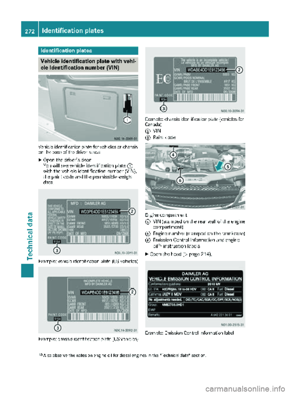 MERCEDES-BENZ SPRINTER 2017  MY17 Operator’s Manual Identification plates
Vehicle identification plate with vehi-
cle identification number (VIN)
Vehicleidentification plat efor vehicles or chassi s
on th ebase of th edriver' sseat
XOpen th edriver