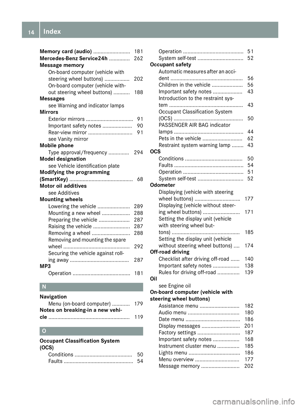 MERCEDES-BENZ METRIS 2016  MY16 Operator’s Manual Memory card (audio)......................... 181
Mercedes-Ben zService24h .............. 262
Message memory
On-board computer (vehicle with
steering whee lbuttons) ................. 202
On-board compu