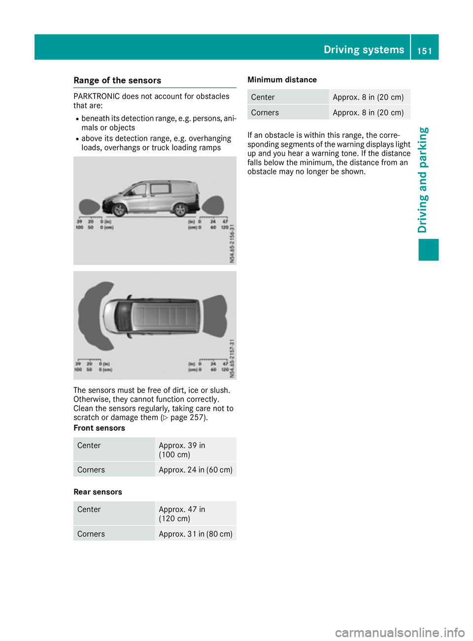 MERCEDES-BENZ METRIS 2016 MY16 Operator’s Manual Rangeoft he sensors
PARKTRONIC doe snot account for obstacles
that are:
Rbeneath its detection range, e.g. persons,a ni-
mal soro bjects
Rabove its detection range, e.g. overhanging
loads, overhangs o MERCEDES-BENZ METRIS 2016 MY16 Operator’s Manual Rangeoft he sensors
PARKTRONIC doe snot account for obstacles
that are:
Rbeneath its detection range, e.g. persons,a ni-
mal soro bjects
Rabove its detection range, e.g. overhanging
loads, overhangs o