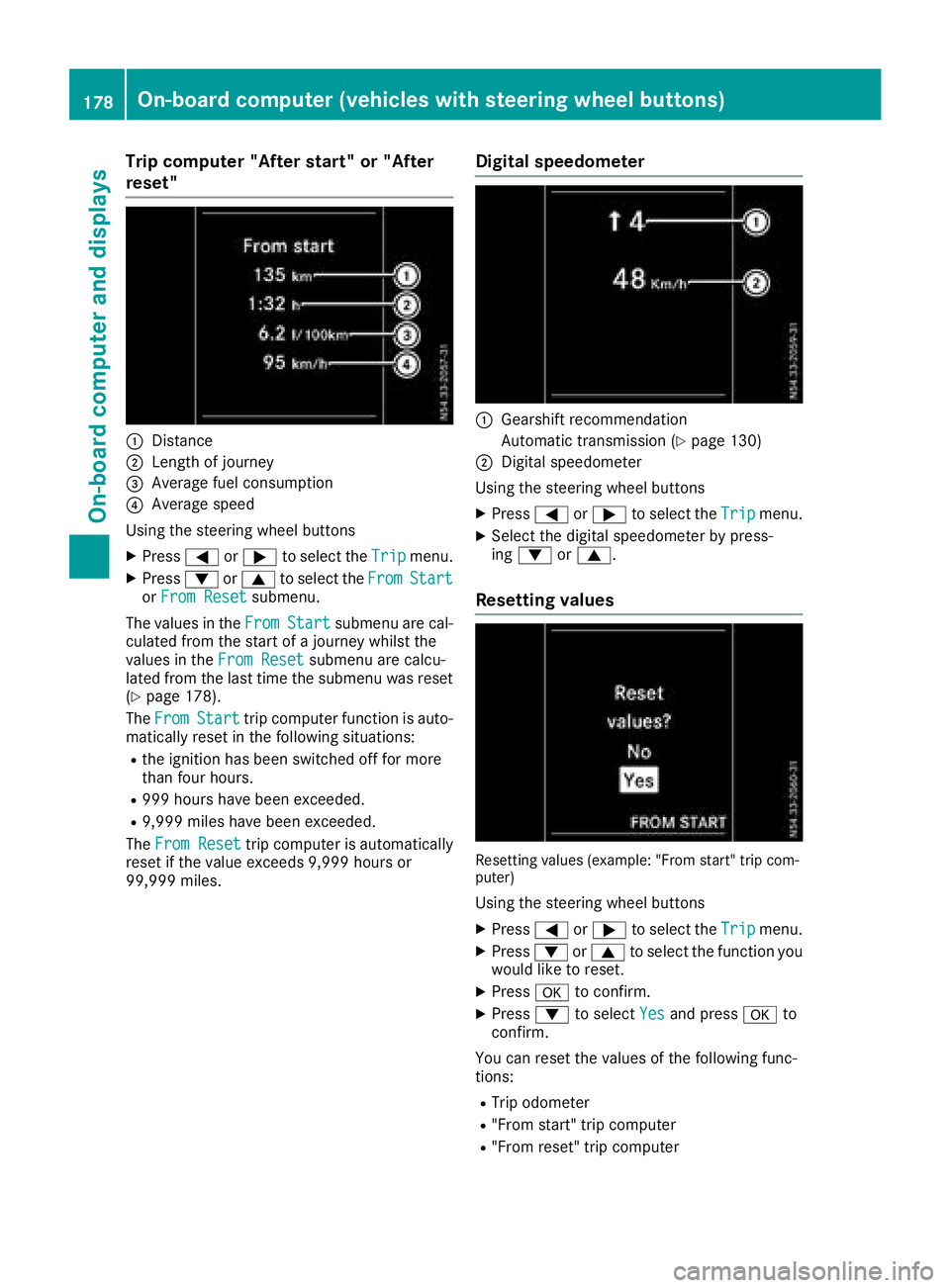 MERCEDES-BENZ METRIS 2016 MY16 Operator’s Manual Trip computer"Afters tart" or "After
reset"
:Distance
;Length of journey
=Averag efuelconsumption
?Averag espeed
Using the steerin gwheel buttons
XPress =or; to select the Tripmenu.
XP MERCEDES-BENZ METRIS 2016 MY16 Operator’s Manual Trip computer"Afters tart" or "After
reset"
:Distance
;Length of journey
=Averag efuelconsumption
?Averag espeed
Using the steerin gwheel buttons
XPress =or; to select the Tripmenu.
XP