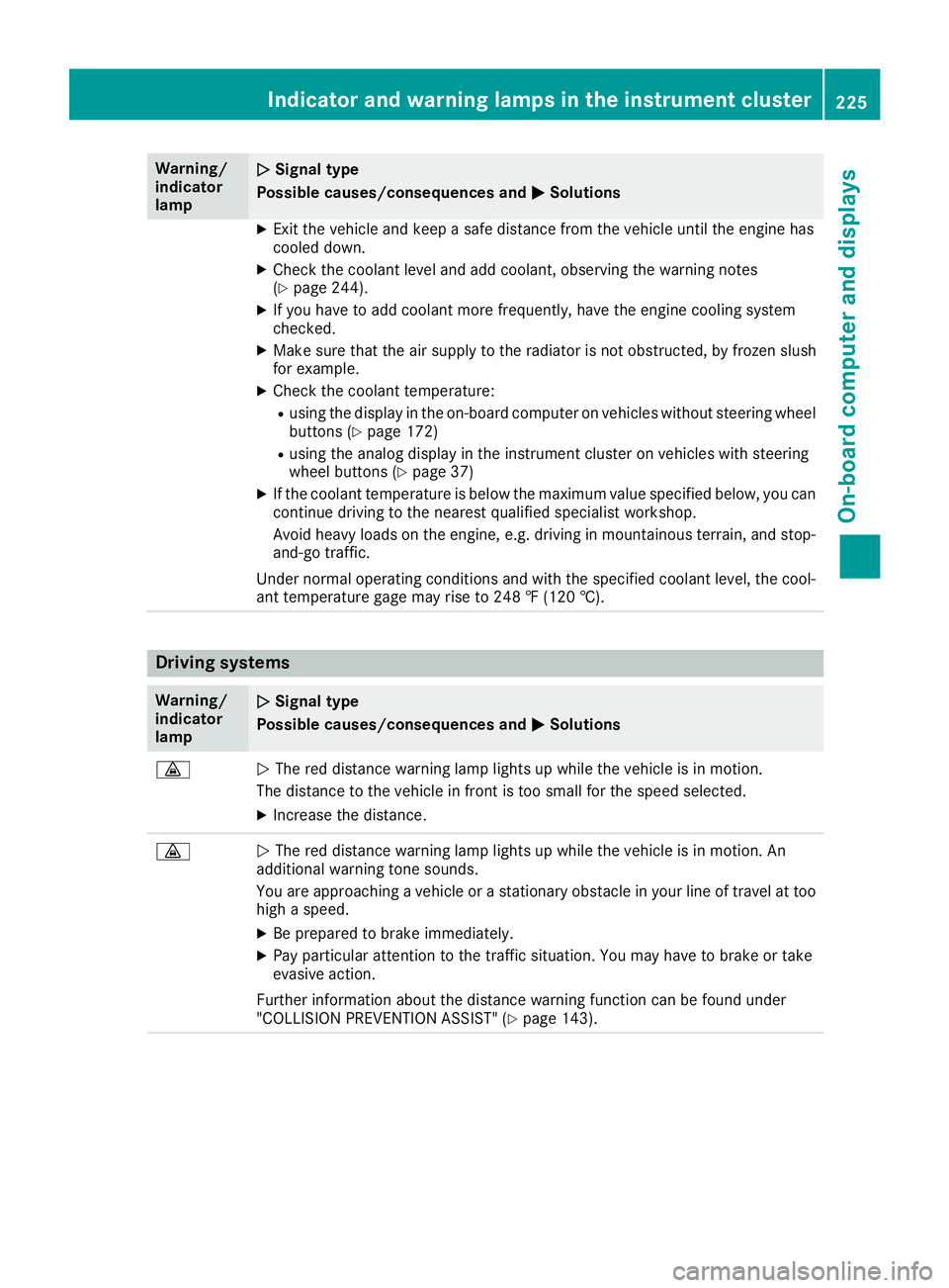 MERCEDES-BENZ METRIS 2016 MY16 Operator’s Manual Warning/
indicator
lampNSignal type
Possiblec auses/consequences and M
Solutions
XExit the vehicleand keepasafe distance from the vehicleu ntil the engine has
cooledd own.
XCheck the coolant leve land MERCEDES-BENZ METRIS 2016 MY16 Operator’s Manual Warning/
indicator
lampNSignal type
Possiblec auses/consequences and M
Solutions
XExit the vehicleand keepasafe distance from the vehicleu ntil the engine has
cooledd own.
XCheck the coolant leve land