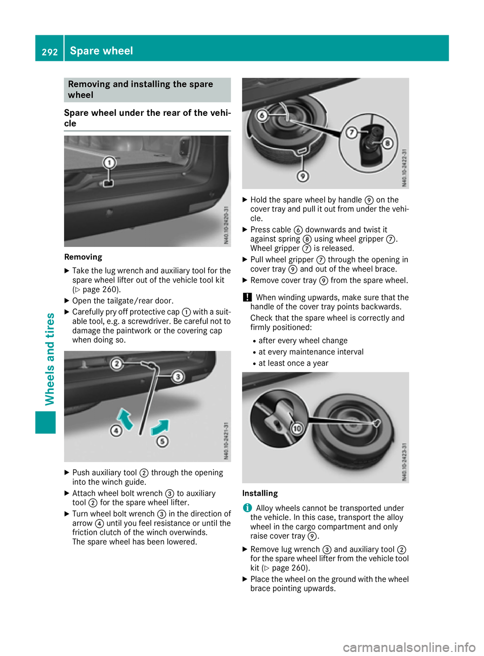 MERCEDES-BENZ METRIS 2016  MY16 Operator’s Manual Removingand installing the spare
wheel
Spare wheel undert he rear of the vehi-
cle
Removing
XTake the lu gwrench and auxiliary tool for the
spare wheel lifter outoft he vehicletool kit
(
Ypage 260).
X