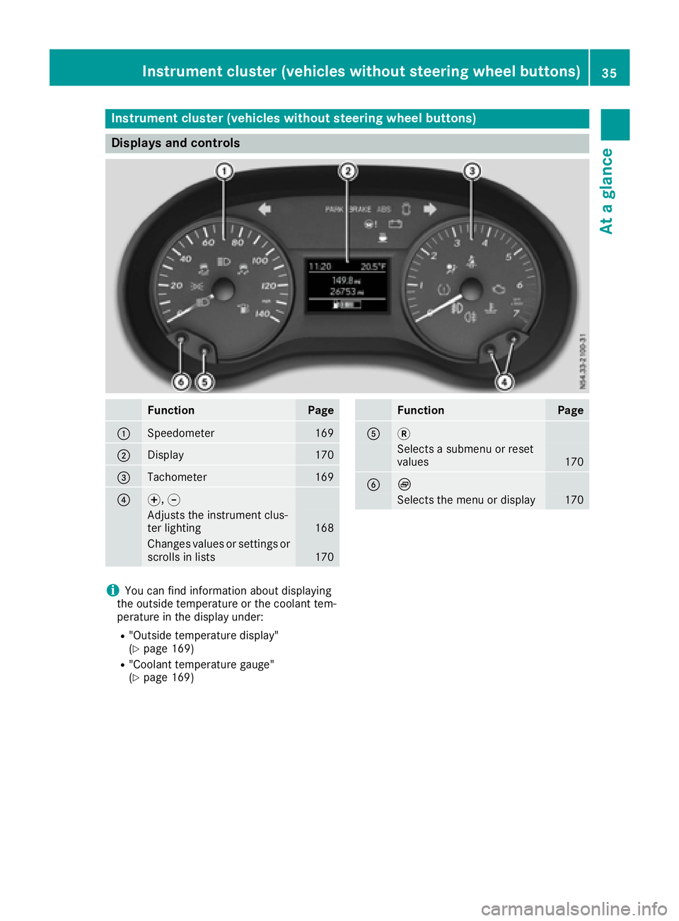 MERCEDES-BENZ METRIS 2016 MY16 Operator’s Manual Instrumentcluster (vehicles without steering wheel buttons)
Display sand controls
FunctionPag e
:Speedometer169
;Display170
=Tachometer169
?f, g
Adjusts th einstrumen tclus -
te rlighting16 8
Changes MERCEDES-BENZ METRIS 2016 MY16 Operator’s Manual Instrumentcluster (vehicles without steering wheel buttons)
Display sand controls
FunctionPag e
:Speedometer169
;Display170
=Tachometer169
?f, g
Adjusts th einstrumen tclus -
te rlighting16 8
Changes
