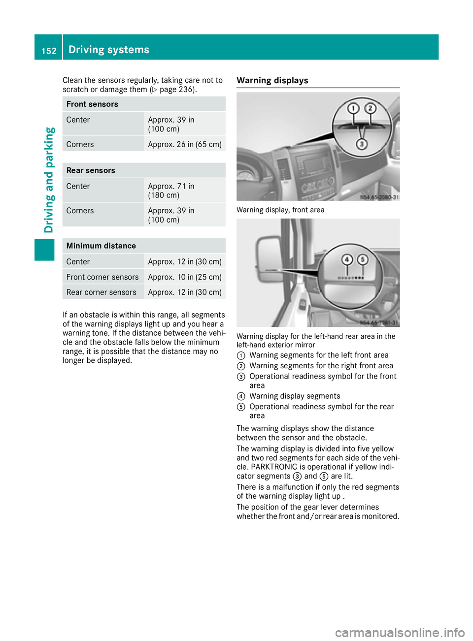MERCEDES-BENZ SPRINTER 2016 MY16 Operator’s Manual Clean the sensors regularly, taking care not to
scratch or damage them (Ypage 236).
Front sensors
CenterApprox. 39 in
(100 cm)
CornersApprox. 26 in(65 cm)
Rear sensors
CenterApprox. 71 in
(180 cm)
Cor MERCEDES-BENZ SPRINTER 2016 MY16 Operator’s Manual Clean the sensors regularly, taking care not to
scratch or damage them (Ypage 236).
Front sensors
CenterApprox. 39 in
(100 cm)
CornersApprox. 26 in(65 cm)
Rear sensors
CenterApprox. 71 in
(180 cm)
Cor