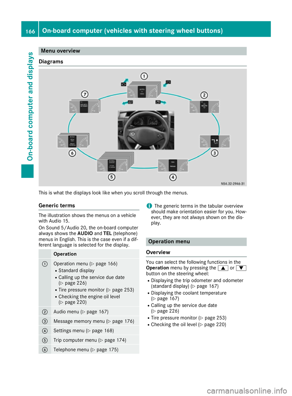 MERCEDES-BENZ SPRINTER 2016 MY16 Operator’s Manual Menu overview
Diagrams
This is what the displays look like when you scroll through the menus.
Generic terms
The illustration shows the menus on a vehicle
with Audio 15.
On Sound 5/Audio 20, the on-boa MERCEDES-BENZ SPRINTER 2016 MY16 Operator’s Manual Menu overview
Diagrams
This is what the displays look like when you scroll through the menus.
Generic terms
The illustration shows the menus on a vehicle
with Audio 15.
On Sound 5/Audio 20, the on-boa