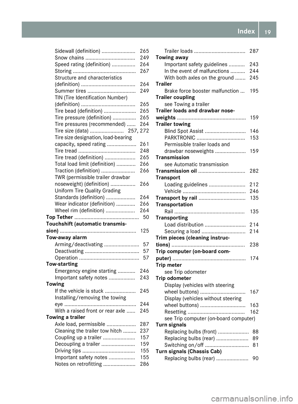 MERCEDES-BENZ SPRINTER 2016  MY16 Operator’s Manual Sidewall (definition) ....................... 265
Snow chains .................................. 249
Speed rating (definition) ................ 264
Storing ........................................... 