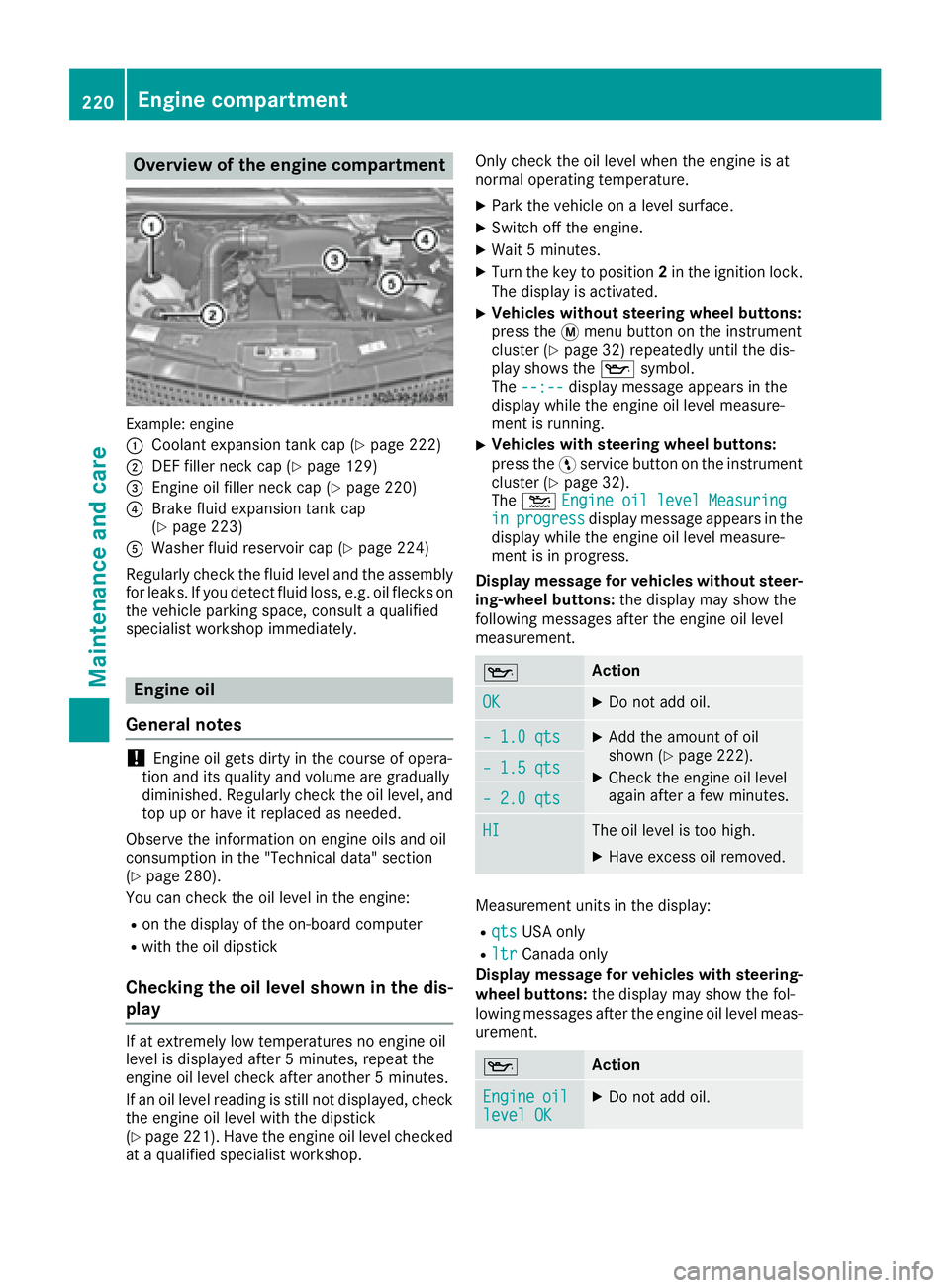 MERCEDES-BENZ SPRINTER 2016 MY16 Operator’s Manual Overview of the engine compartment
Example: engine
:
Coolant expansion tank cap (Ypage 222)
;DEF filler neck cap (Ypage 129)
=Engine oil filler neck cap (Ypage 220)
?Brake fluid expansion tank cap
(Yp MERCEDES-BENZ SPRINTER 2016 MY16 Operator’s Manual Overview of the engine compartment
Example: engine
:
Coolant expansion tank cap (Ypage 222)
;DEF filler neck cap (Ypage 129)
=Engine oil filler neck cap (Ypage 220)
?Brake fluid expansion tank cap
(Yp