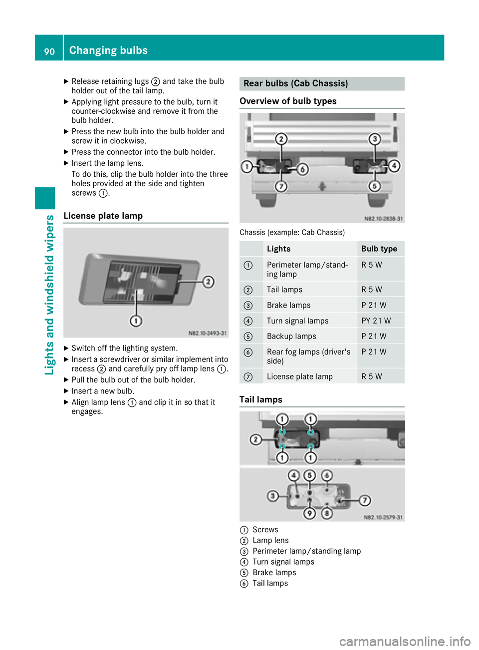 MERCEDES-BENZ SPRINTER 2016 MY16 Operator’s Manual XReleaseretaining lugs ;and tak eth ebulb
holder out of th etai llamp .
XApplyin gligh tpressur eto th ebulb, tur nit
counter-clockwise and remove it from th e
bulb holder.
XPress th ene wbulb int oth MERCEDES-BENZ SPRINTER 2016 MY16 Operator’s Manual XReleaseretaining lugs ;and tak eth ebulb
holder out of th etai llamp .
XApplyin gligh tpressur eto th ebulb, tur nit
counter-clockwise and remove it from th e
bulb holder.
XPress th ene wbulb int oth