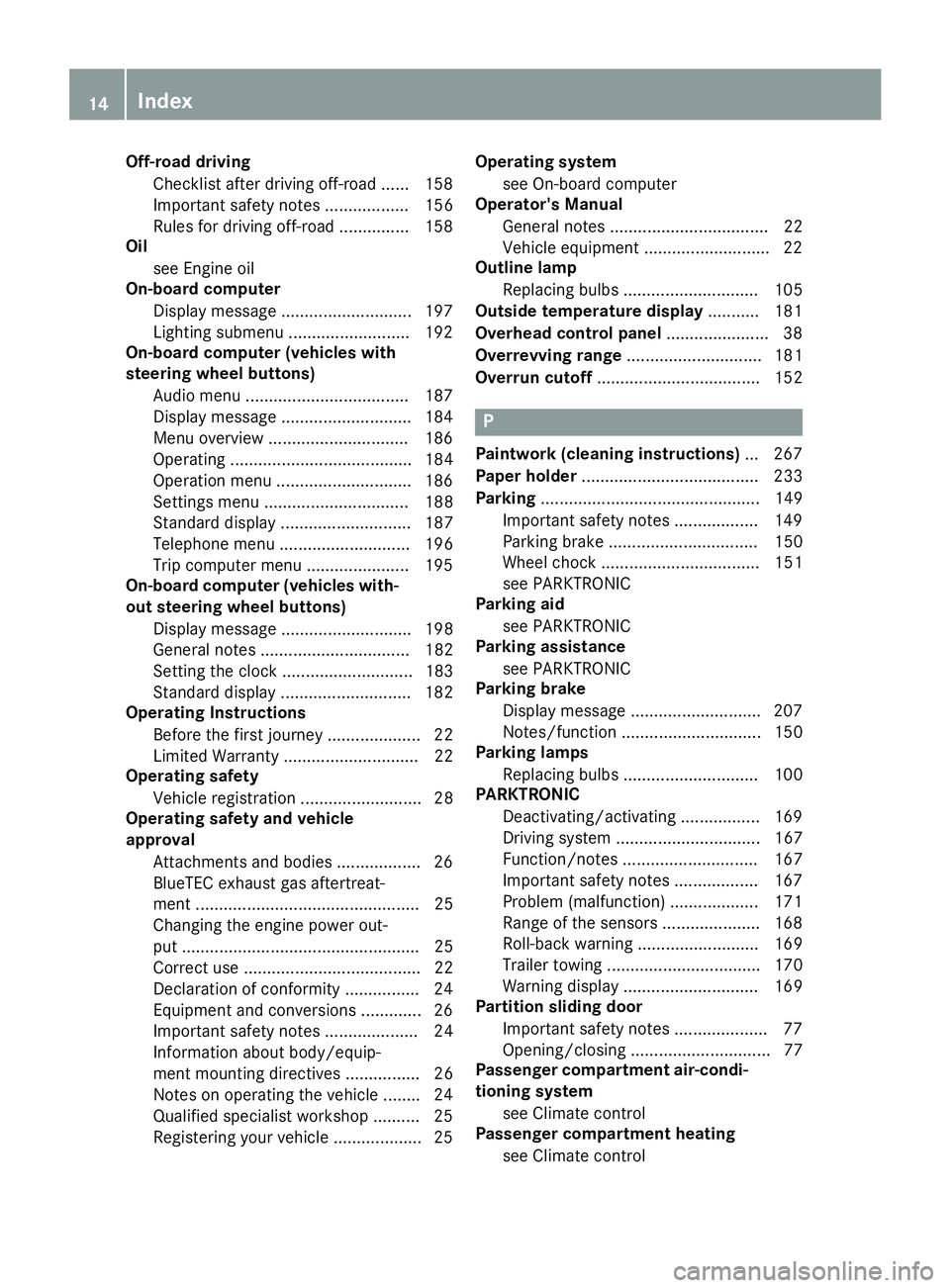 MERCEDES-BENZ SPRINTER 2015  MY15 Operator’s Manual Off-road driving
Checklist after driving off-road ...... 158
Important safety notes .................. 156
Rules for driving off-road ............... 158
Oil
see Engine oil
On-board computer
Display m