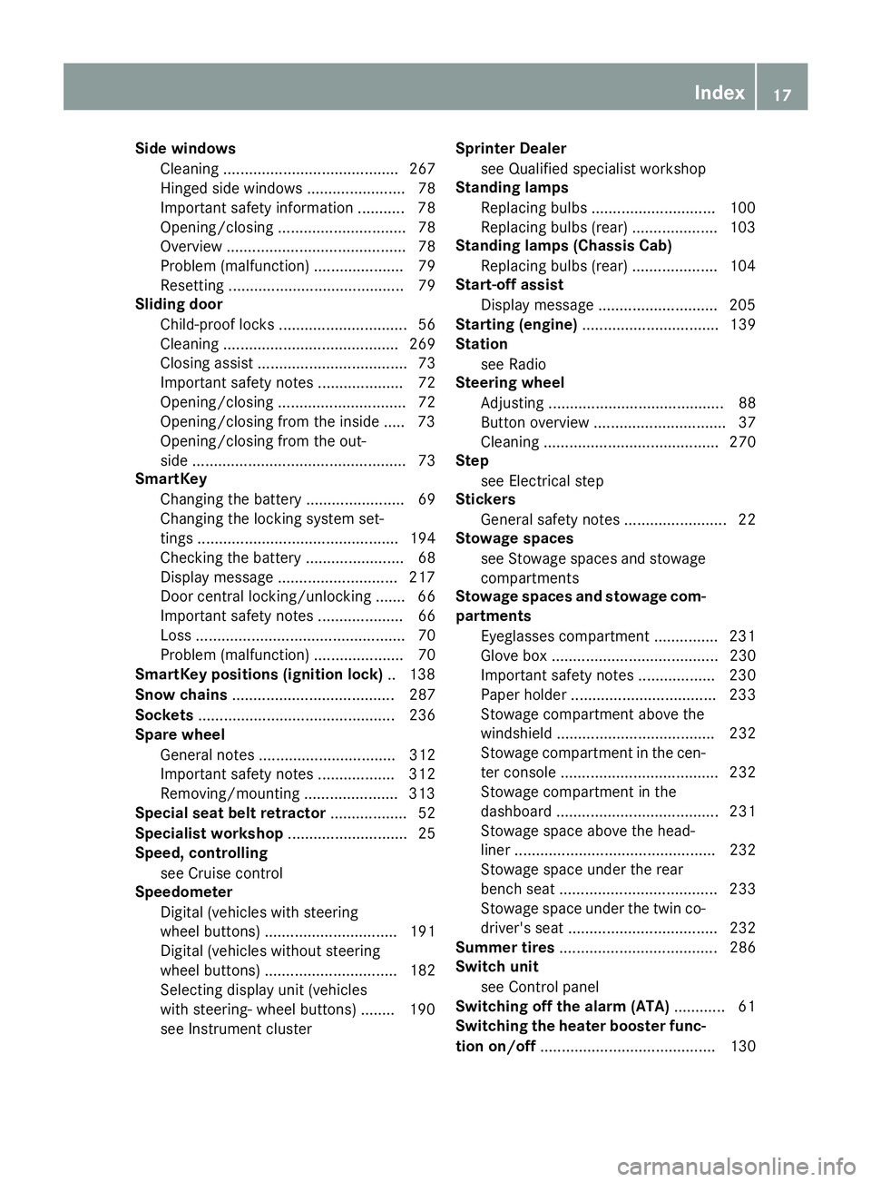 MERCEDES-BENZ SPRINTER 2015 MY15 Operator’s Manual Side windows
Cleaning ......................................... 267
Hinged side windows ....................... 78
Important safety information ........... 78
Opening/closing ......................... MERCEDES-BENZ SPRINTER 2015 MY15 Operator’s Manual Side windows
Cleaning ......................................... 267
Hinged side windows ....................... 78
Important safety information ........... 78
Opening/closing .........................