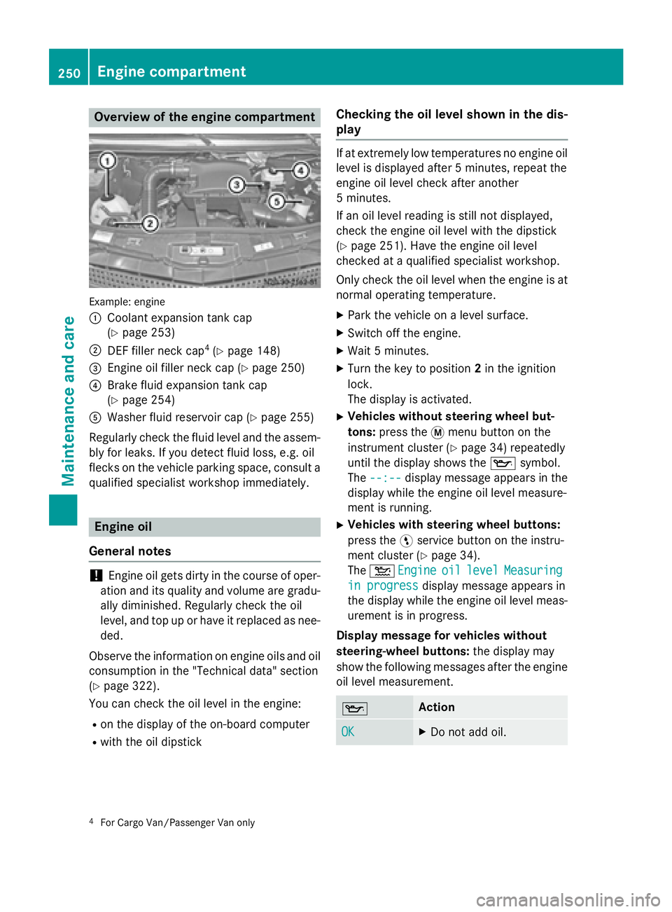 MERCEDES-BENZ SPRINTER 2015 MY15 Operator’s Manual Overview of the engine compartment
Example: engine
0043
Coolant expansion tank cap
(Ypage 253)
0044 DEF filler neck cap 4
(Y page 148)
0087 Engine oil filler neck cap (Y page 250)
0085 Brake fluid exp MERCEDES-BENZ SPRINTER 2015 MY15 Operator’s Manual Overview of the engine compartment
Example: engine
0043
Coolant expansion tank cap
(Ypage 253)
0044 DEF filler neck cap 4
(Y page 148)
0087 Engine oil filler neck cap (Y page 250)
0085 Brake fluid exp