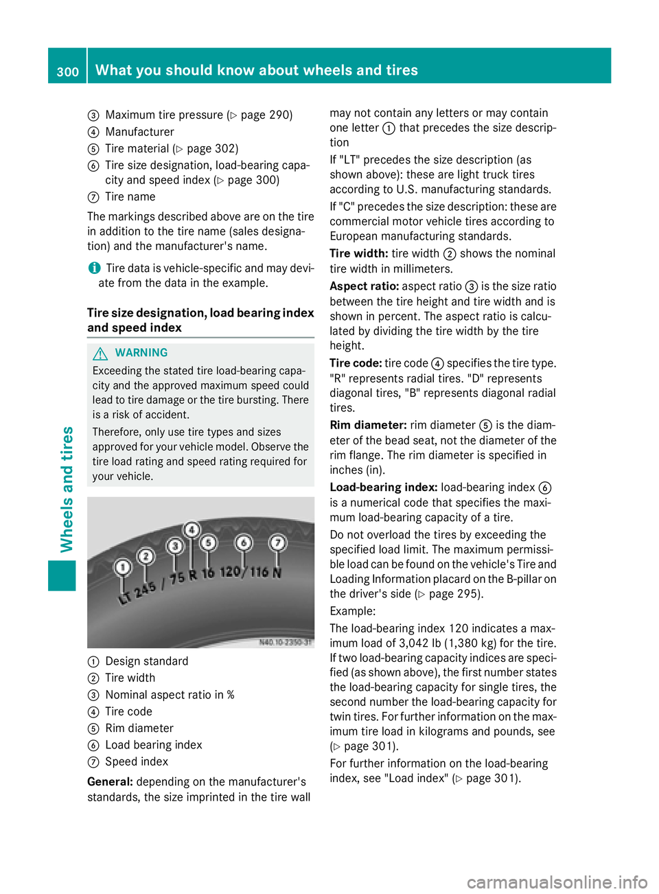 MERCEDES-BENZ SPRINTER 2015 MY15 Operator’s Manual 0087
Maximum tire pressure (Y page 290)
0085 Manufacturer
0083 Tire material (Y page 302)
0084 Tire size designation, load-bearing capa-
city and speed index (Y page 300)
006B Tire name
The markings d MERCEDES-BENZ SPRINTER 2015 MY15 Operator’s Manual 0087
Maximum tire pressure (Y page 290)
0085 Manufacturer
0083 Tire material (Y page 302)
0084 Tire size designation, load-bearing capa-
city and speed index (Y page 300)
006B Tire name
The markings d