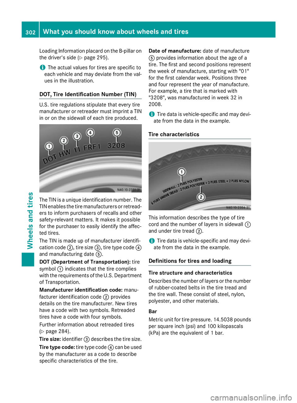 MERCEDES-BENZ SPRINTER 2015 MY15 Operator’s Manual Loading Information placard on the B-pilla
ron
the driver's side (Y page 295).
i The actual values for tires are specific to
each vehicle and may deviate from the val-
ues in the illustration.
DOT MERCEDES-BENZ SPRINTER 2015 MY15 Operator’s Manual Loading Information placard on the B-pilla
ron
the driver's side (Y page 295).
i The actual values for tires are specific to
each vehicle and may deviate from the val-
ues in the illustration.
DOT