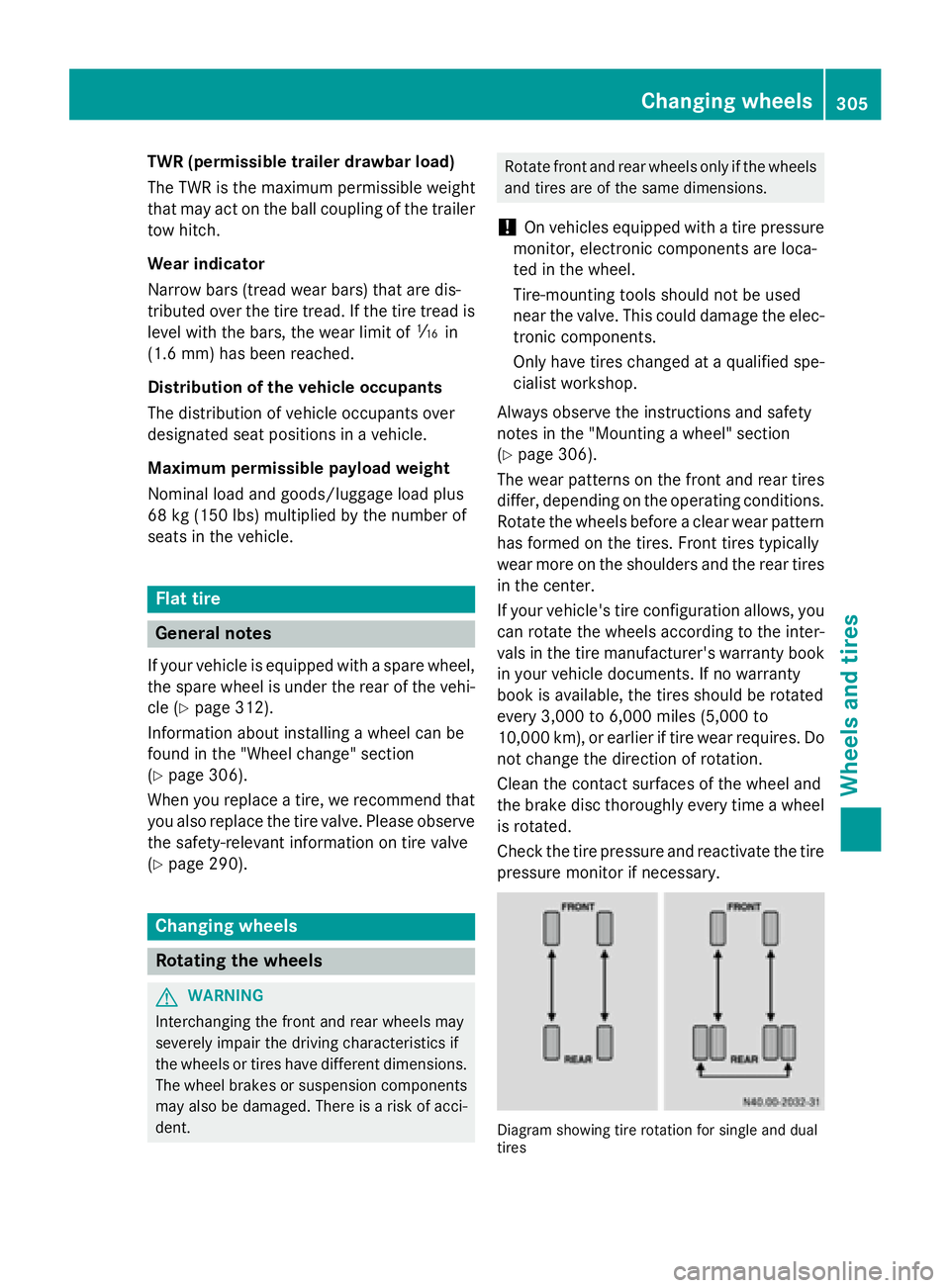 MERCEDES-BENZ SPRINTER 2015 MY15 Operator’s Manual TWR (permissible trailer drawbar load)
The TWR is the maximum permissible weight
that may act on the ball coupling of the trailer tow hitch.
Wear indicator
Narrow bars (tread wear bars) that are dis-
MERCEDES-BENZ SPRINTER 2015 MY15 Operator’s Manual TWR (permissible trailer drawbar load)
The TWR is the maximum permissible weight
that may act on the ball coupling of the trailer tow hitch.
Wear indicator
Narrow bars (tread wear bars) that are dis-