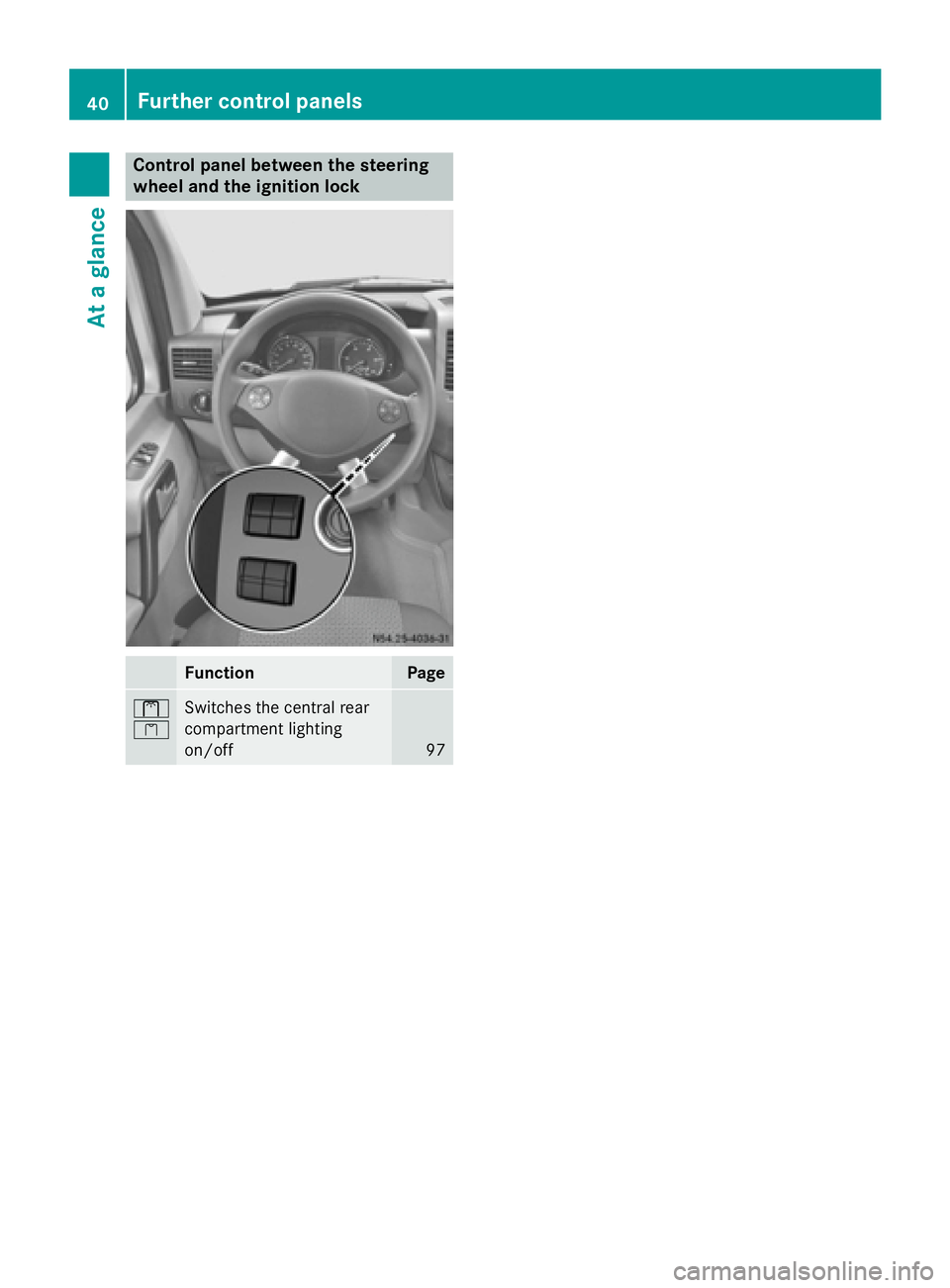 MERCEDES-BENZ SPRINTER 2015 MY15 Operator’s Manual Control panel between the steering
wheel and the ignition lock Function Page
0039
0038
Switches the central rear
compartment lighting
on/off
9740
Further control panelsAt a glance MERCEDES-BENZ SPRINTER 2015 MY15 Operator’s Manual Control panel between the steering
wheel and the ignition lock Function Page
0039
0038
Switches the central rear
compartment lighting
on/off
9740
Further control panelsAt a glance