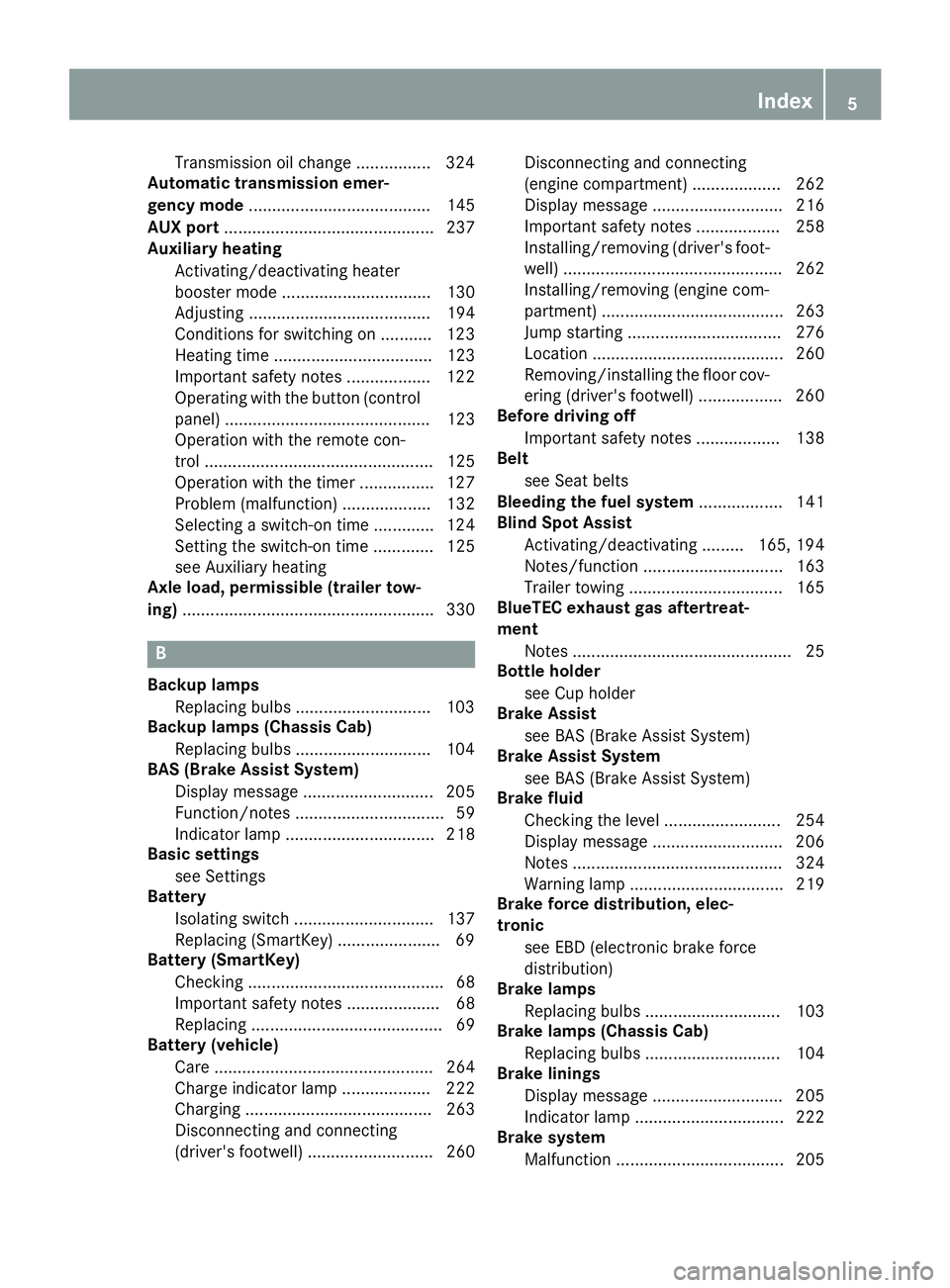 MERCEDES-BENZ SPRINTER 2015  MY15 Operator’s Manual Transmission oil change ................3
24
Automatic transmission emer-
gency mode ....................................... 145
AUX port ............................................. 237
Auxiliary he